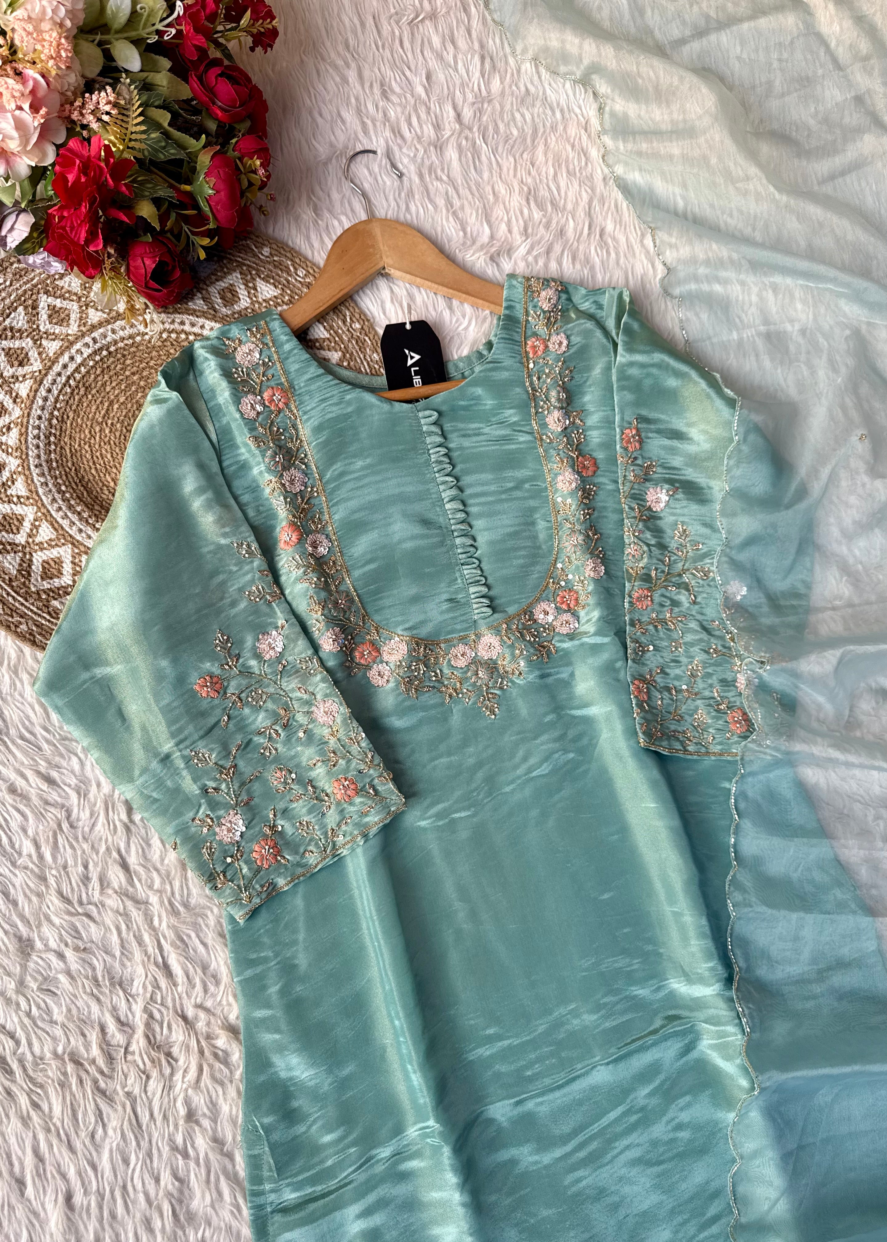 “Naayaab” Premium Pista Green Tissue silk handcrafted kurta set