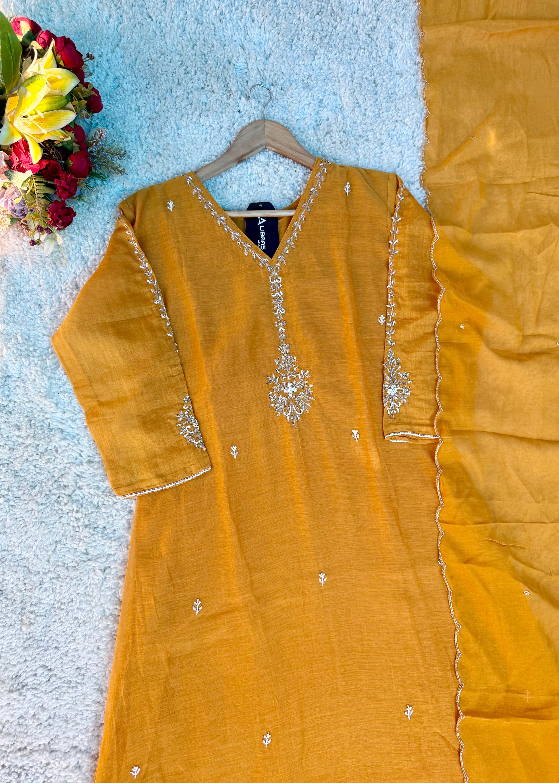 “HAYA” Premium Yellow Mul Chanderi A-Line Kurta with Bottom & Dupatta