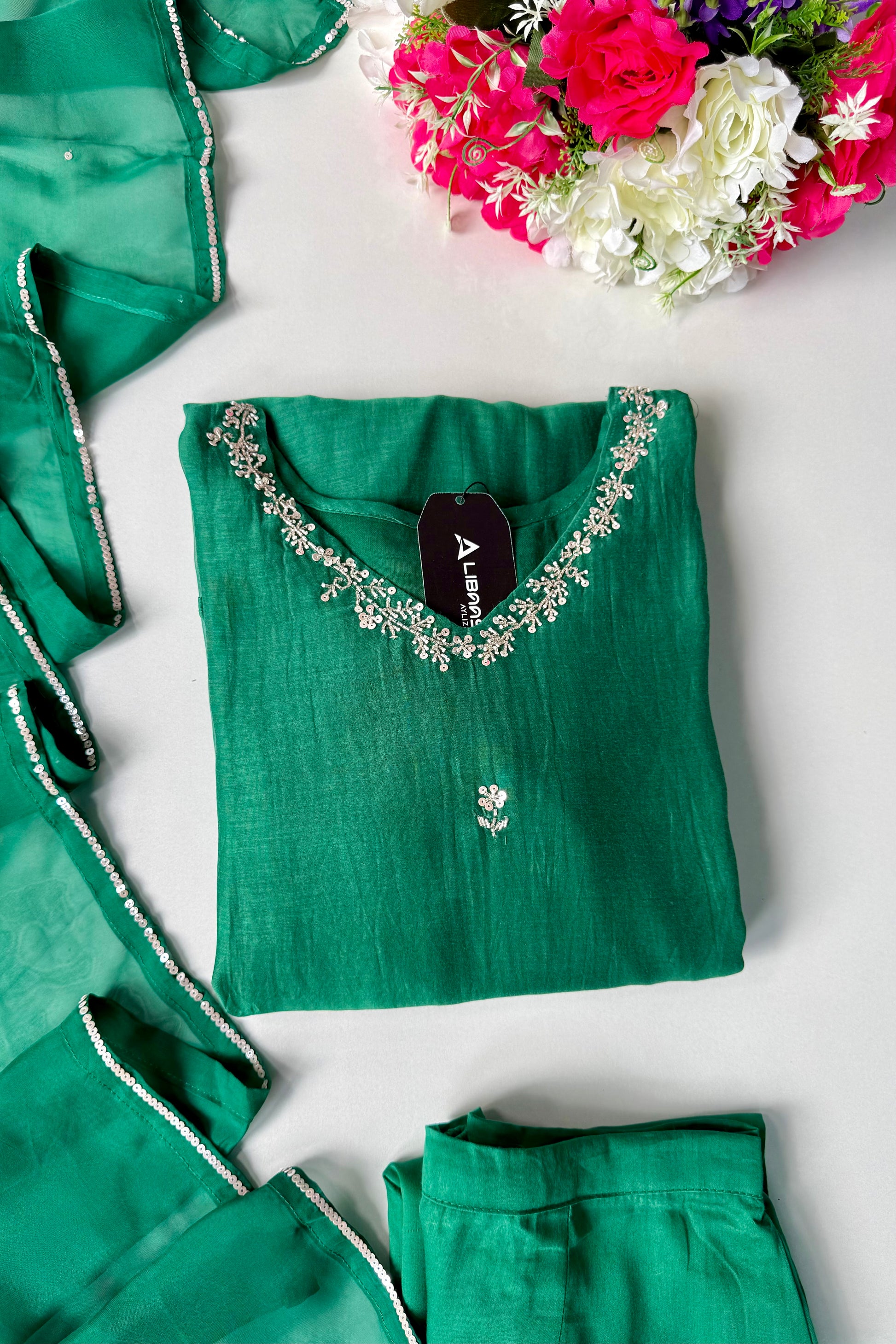 ✨”Eshal - Premium Green Mul Chanderi A-Line Kurta Set