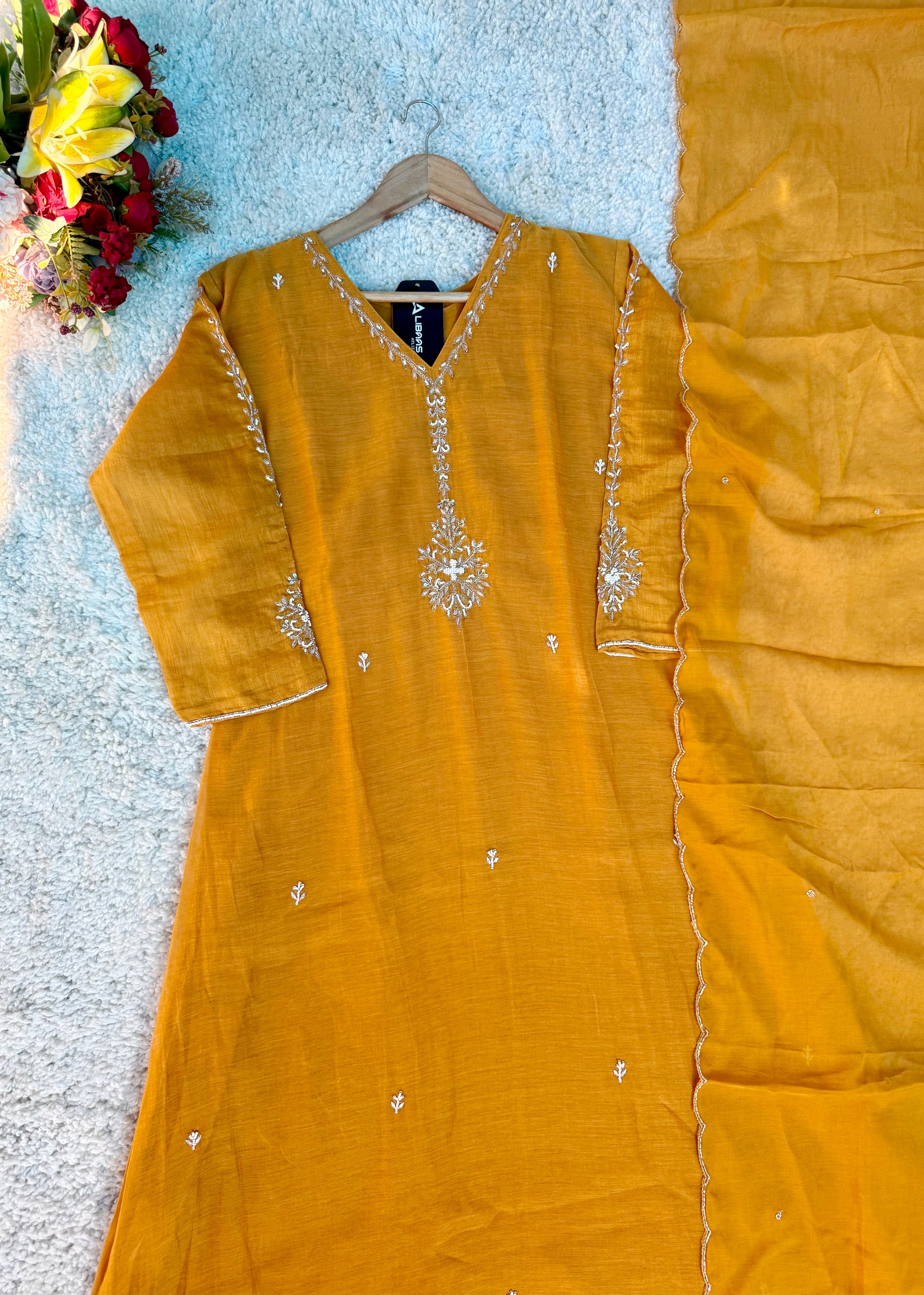 “HAYA” Premium Yellow Mul Chanderi A-Line Kurta with Bottom & Dupatta