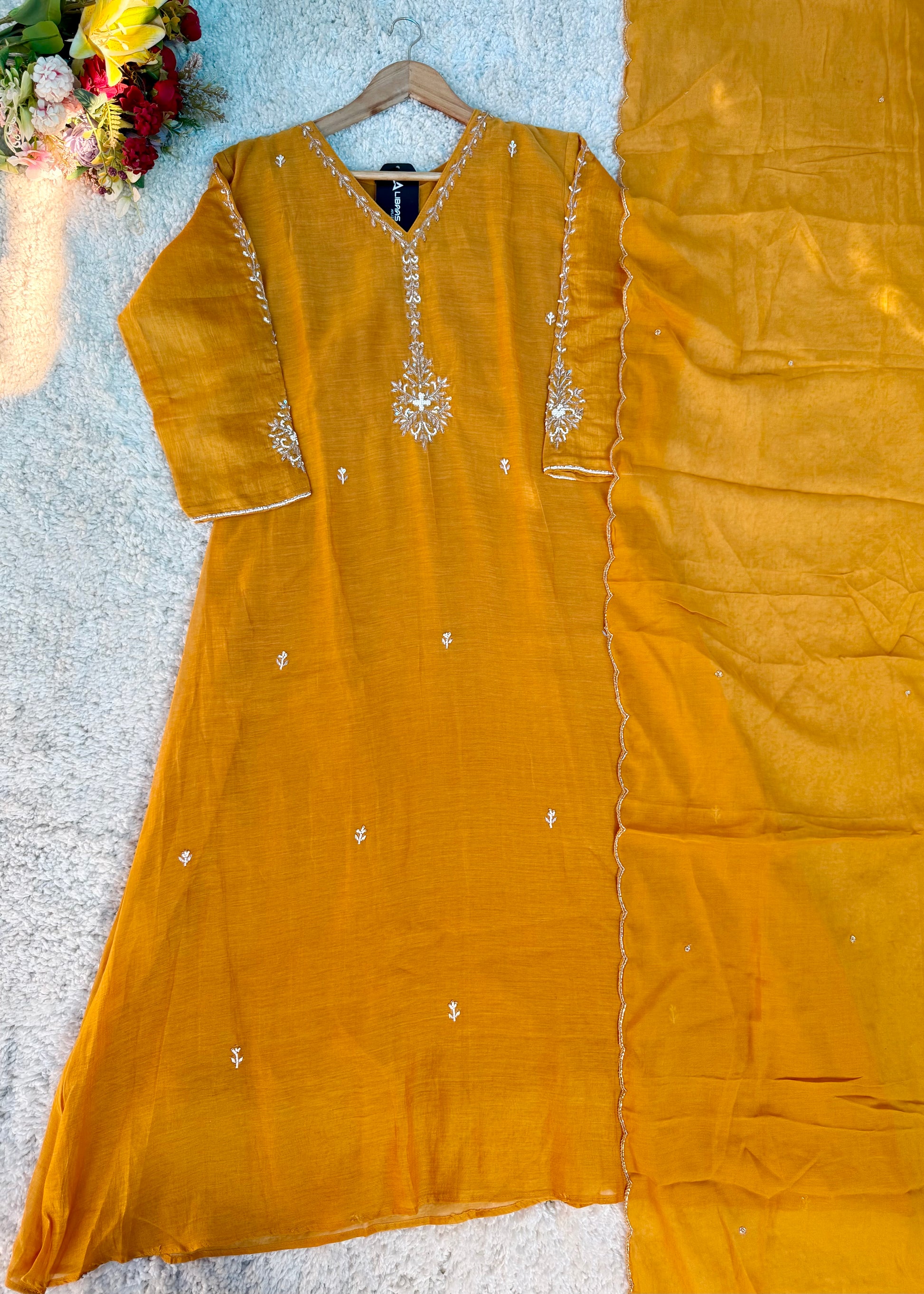 “HAYA” Premium Yellow Mul Chanderi A-Line Kurta with Bottom & Dupatta