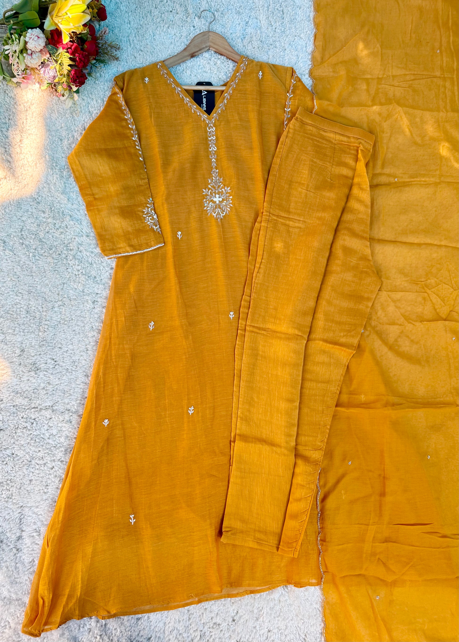“HAYA” Premium Yellow Mul Chanderi A-Line Kurta with Bottom & Dupatta
