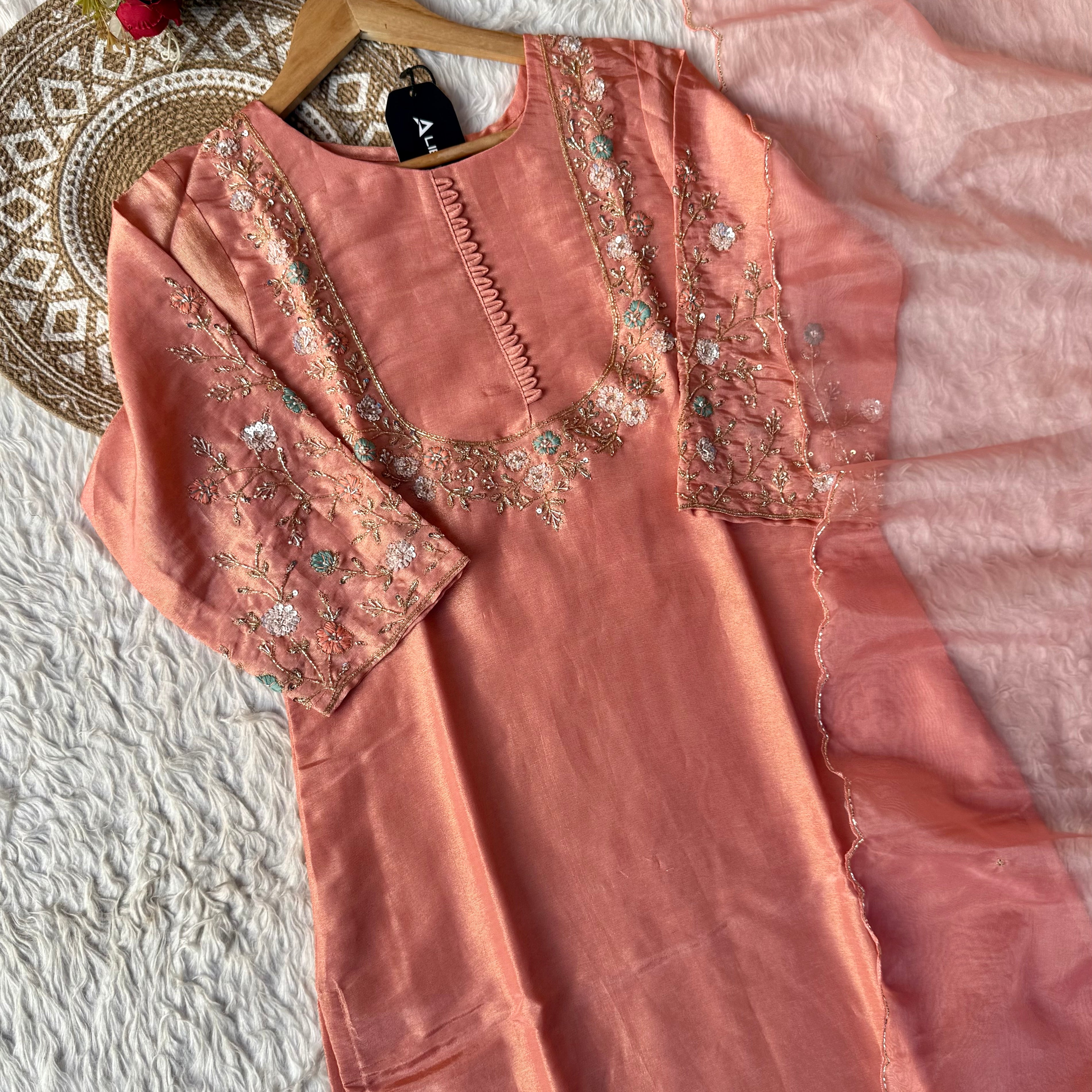 “Naayaab” Premium Peach Tissue silk handcrafted kurta set