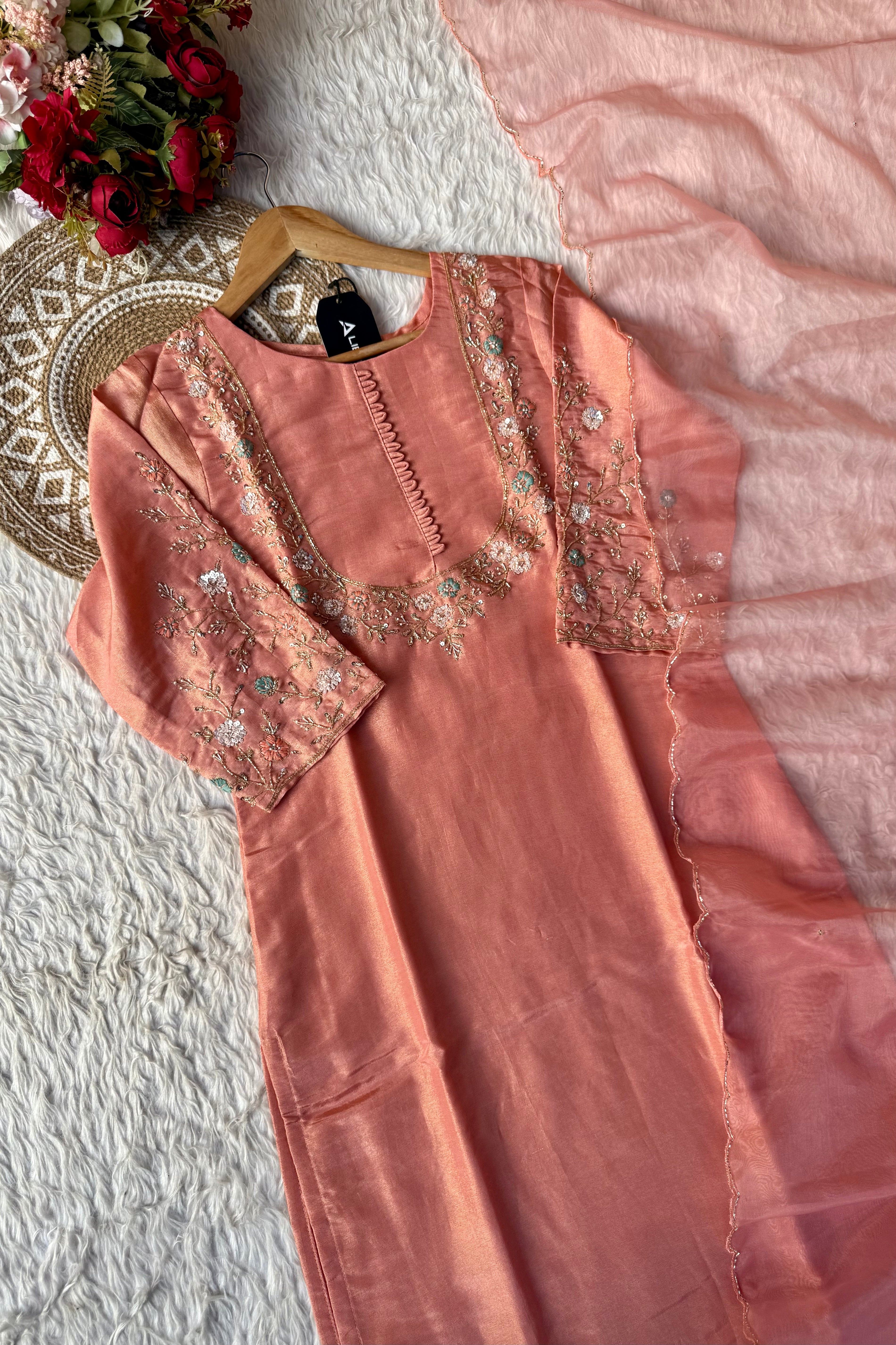 “Naayaab” Premium Peach Tissue silk handcrafted kurta set