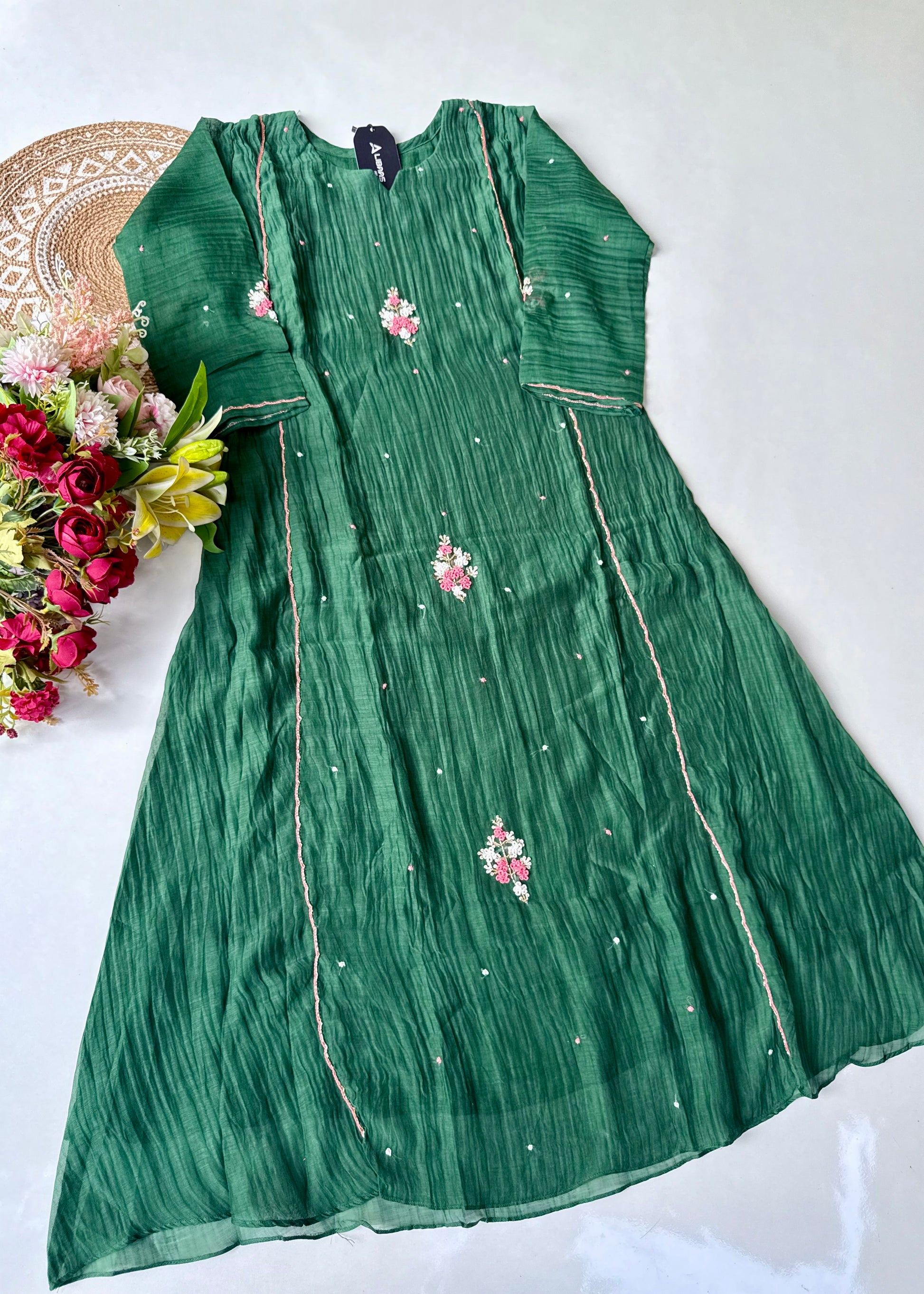 “Myra” Green Mul Chanderi A-Line Anarkali Kurta