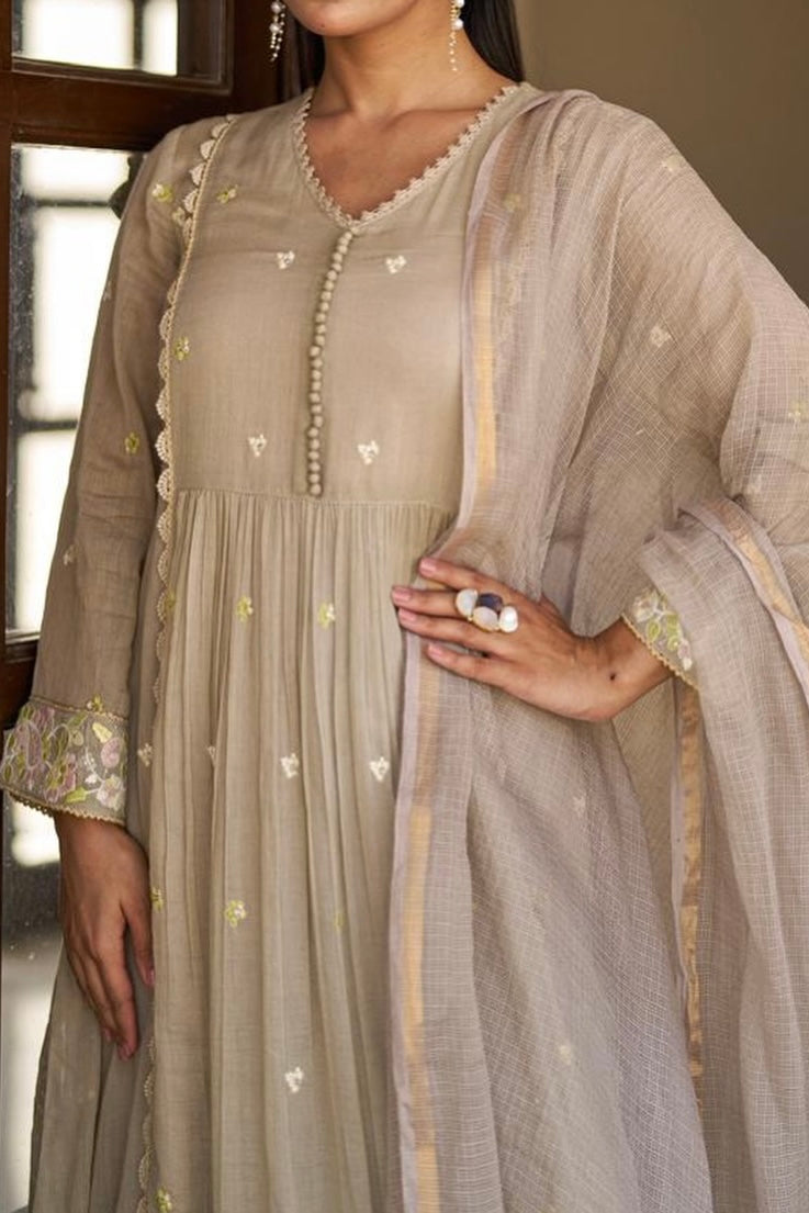 “Sana” Premium Sand Beige Cotton Embroidered Anarkali kurta set