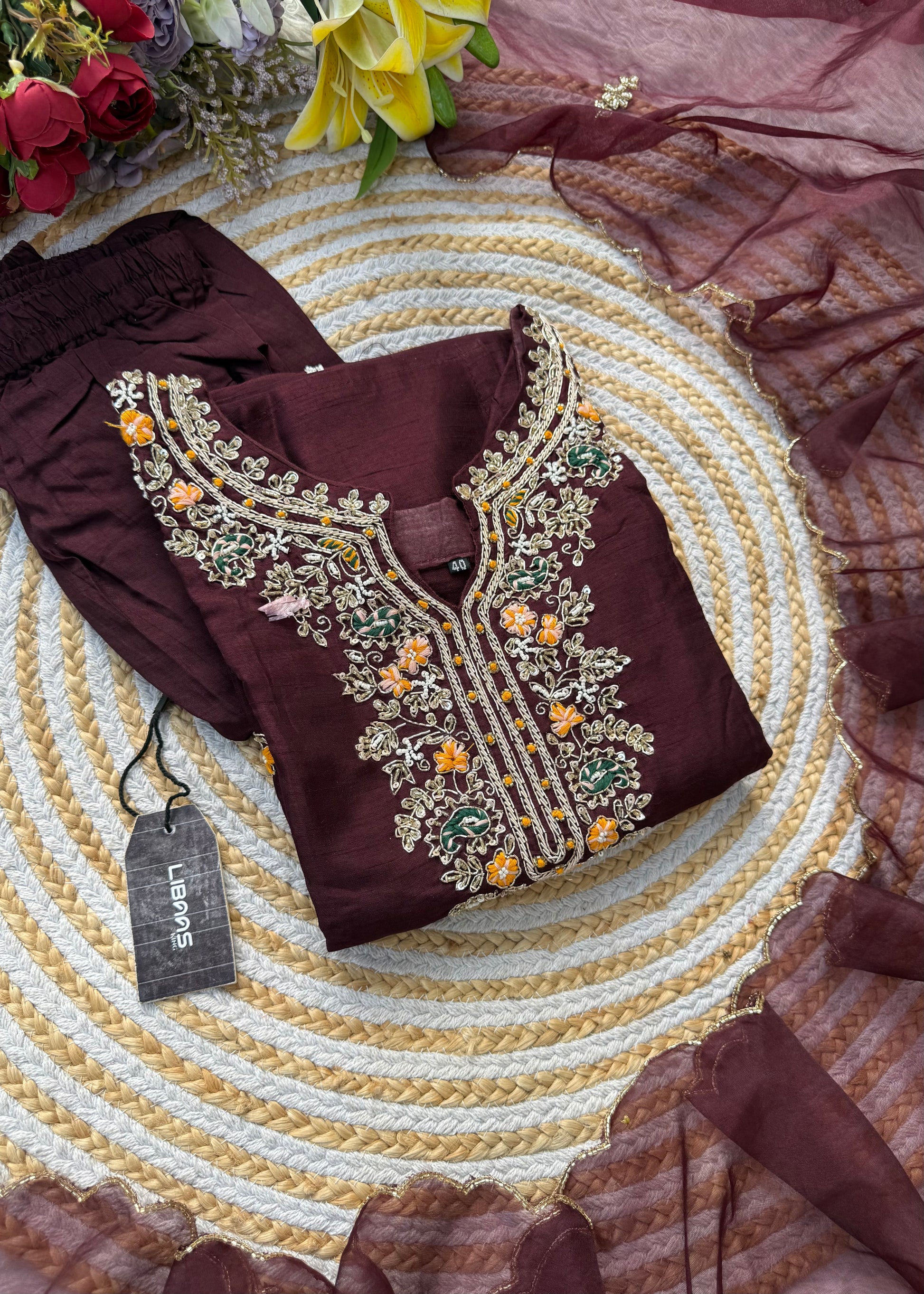 “ISHIKA” Brwon handcrafted dola silk kurti set