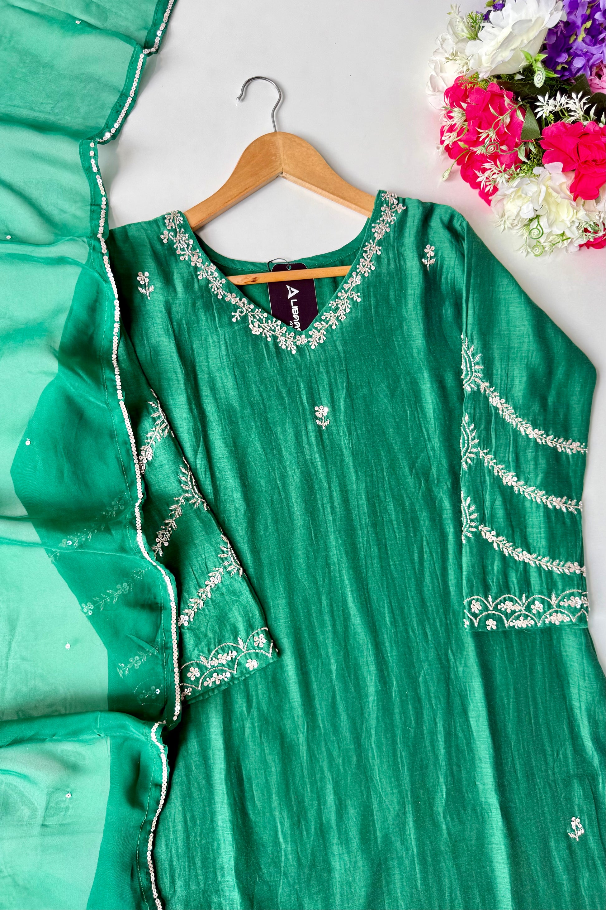 ✨”Eshal - Premium Green Mul Chanderi A-Line Kurta Set