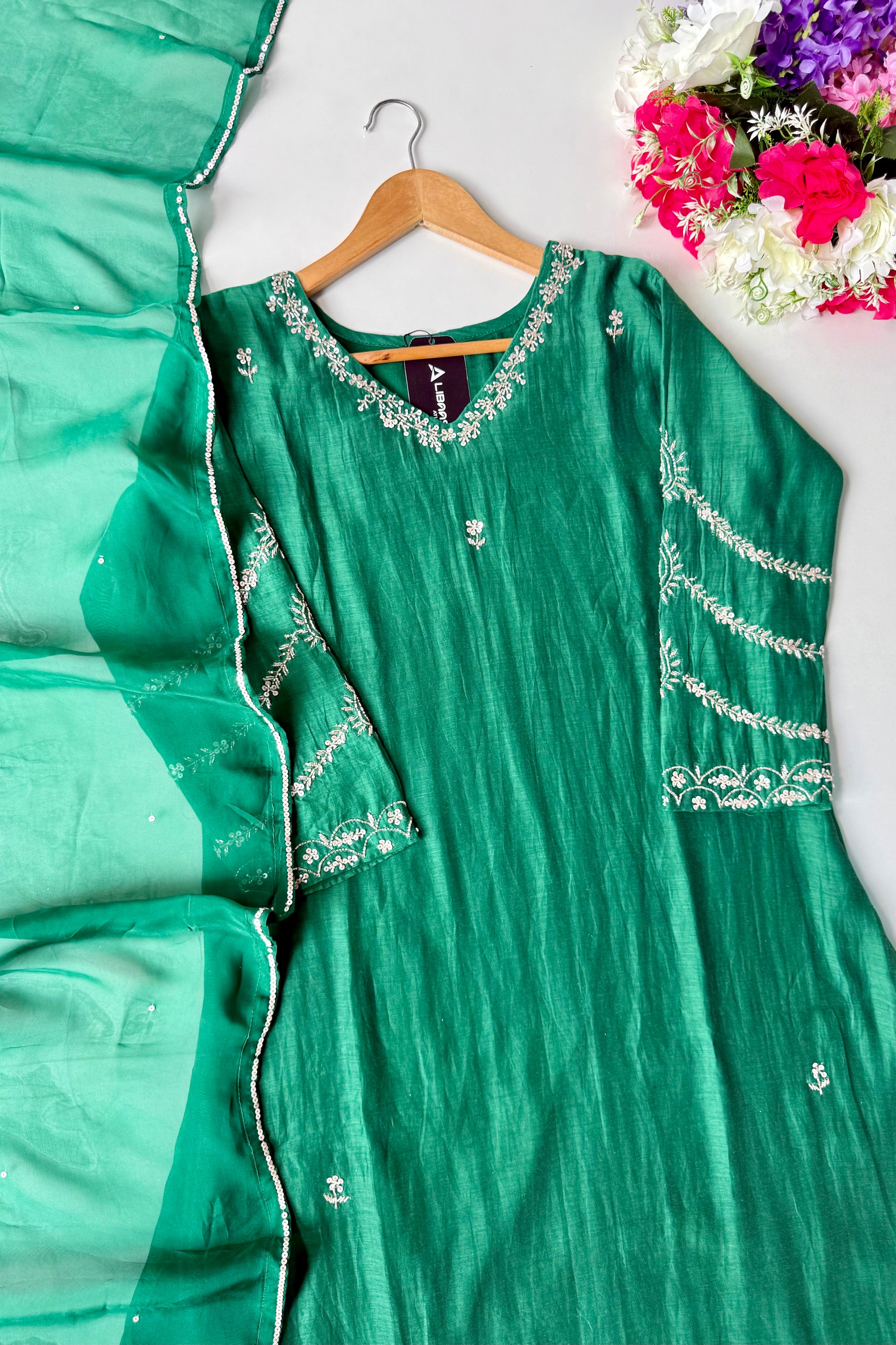 ✨”Eshal - Premium Green Mul Chanderi A-Line Kurta Set