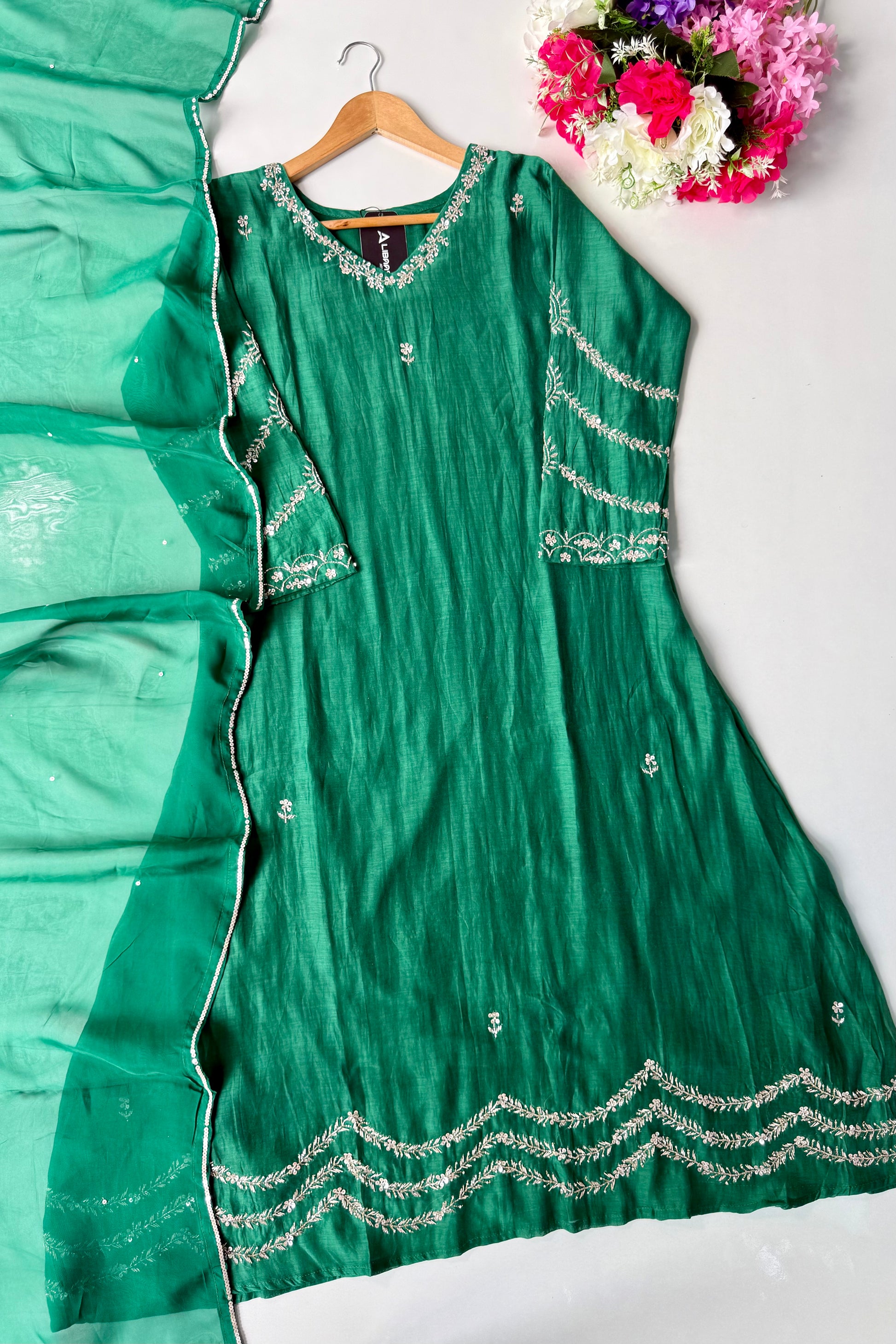✨”Eshal - Premium Green Mul Chanderi A-Line Kurta Set
