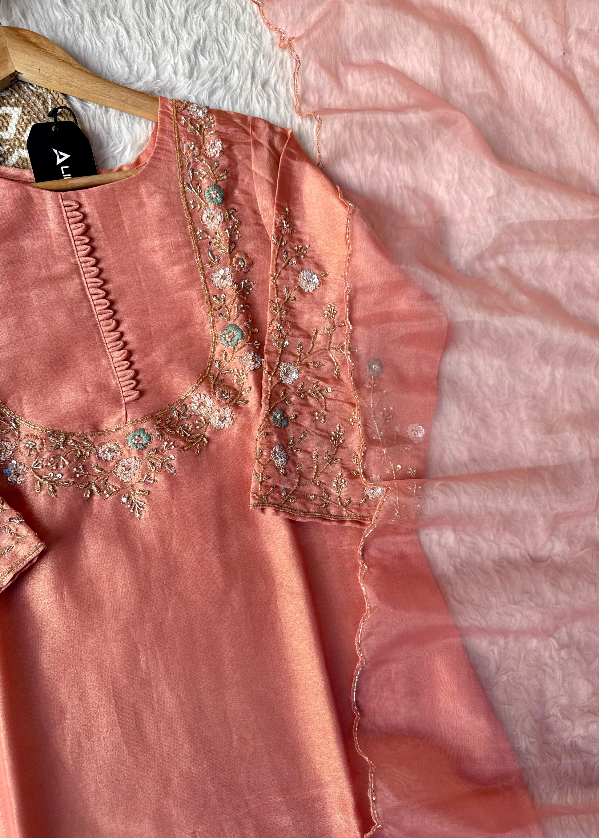 “Naayaab” Premium Peach Tissue silk handcrafted kurta set