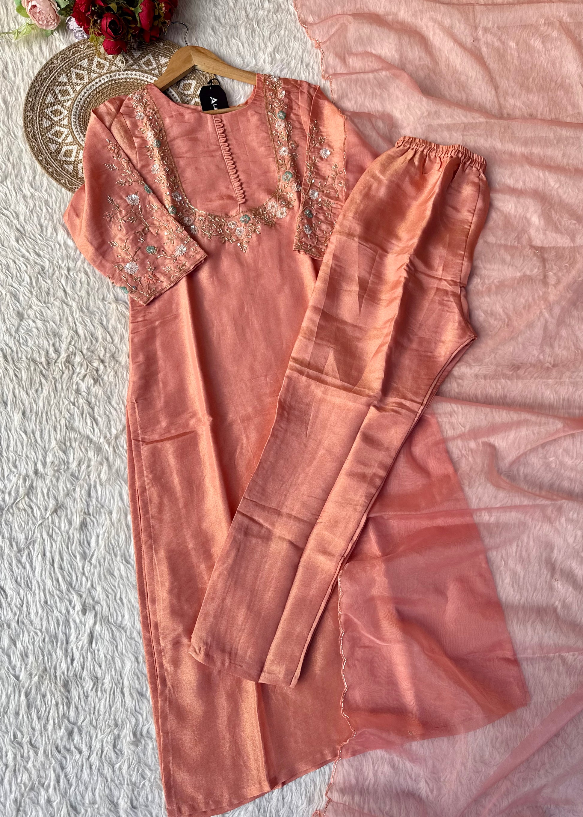 “Naayaab” Premium Peach Tissue silk handcrafted kurta set