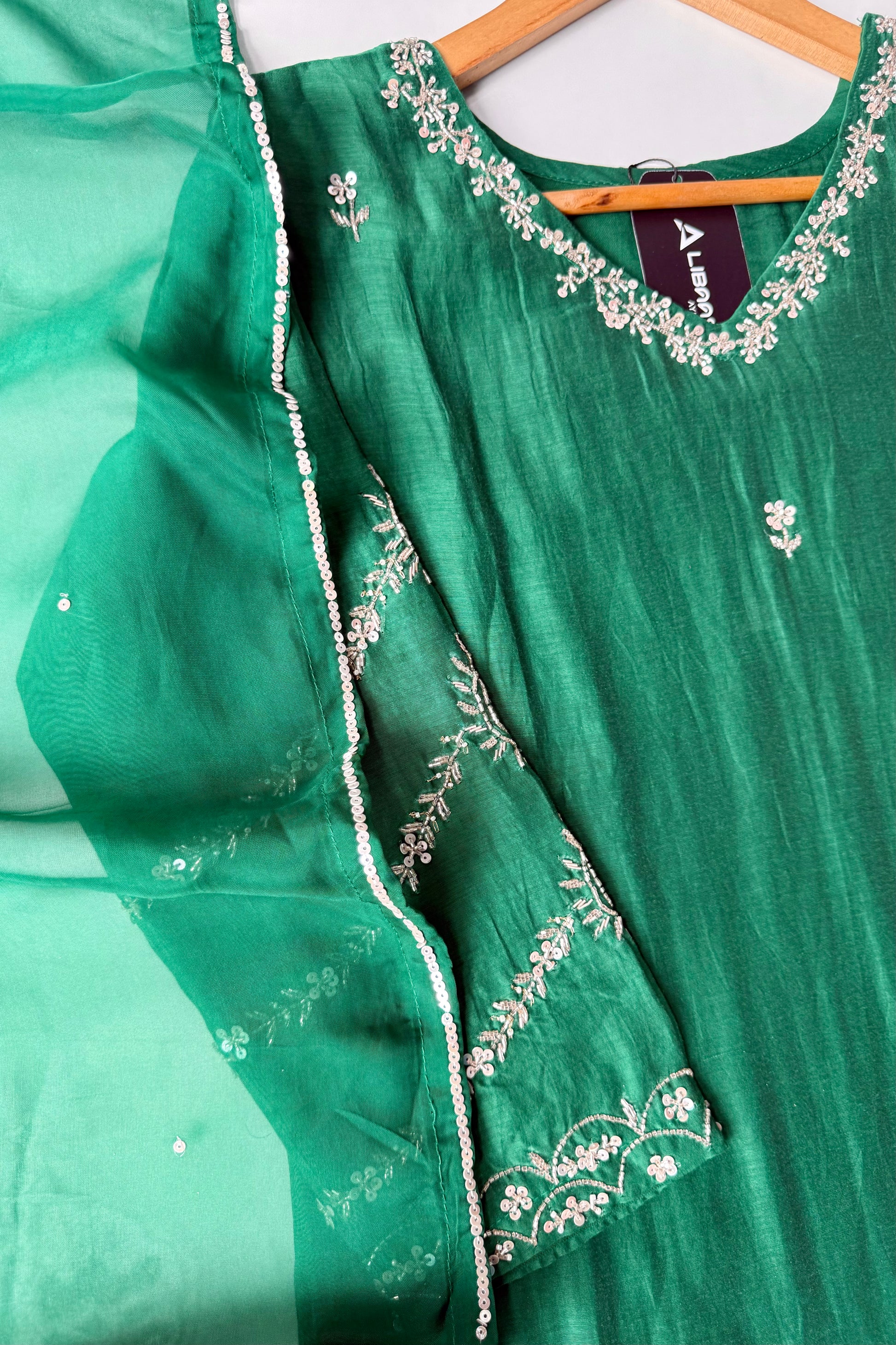 ✨”Eshal - Premium Green Mul Chanderi A-Line Kurta Set