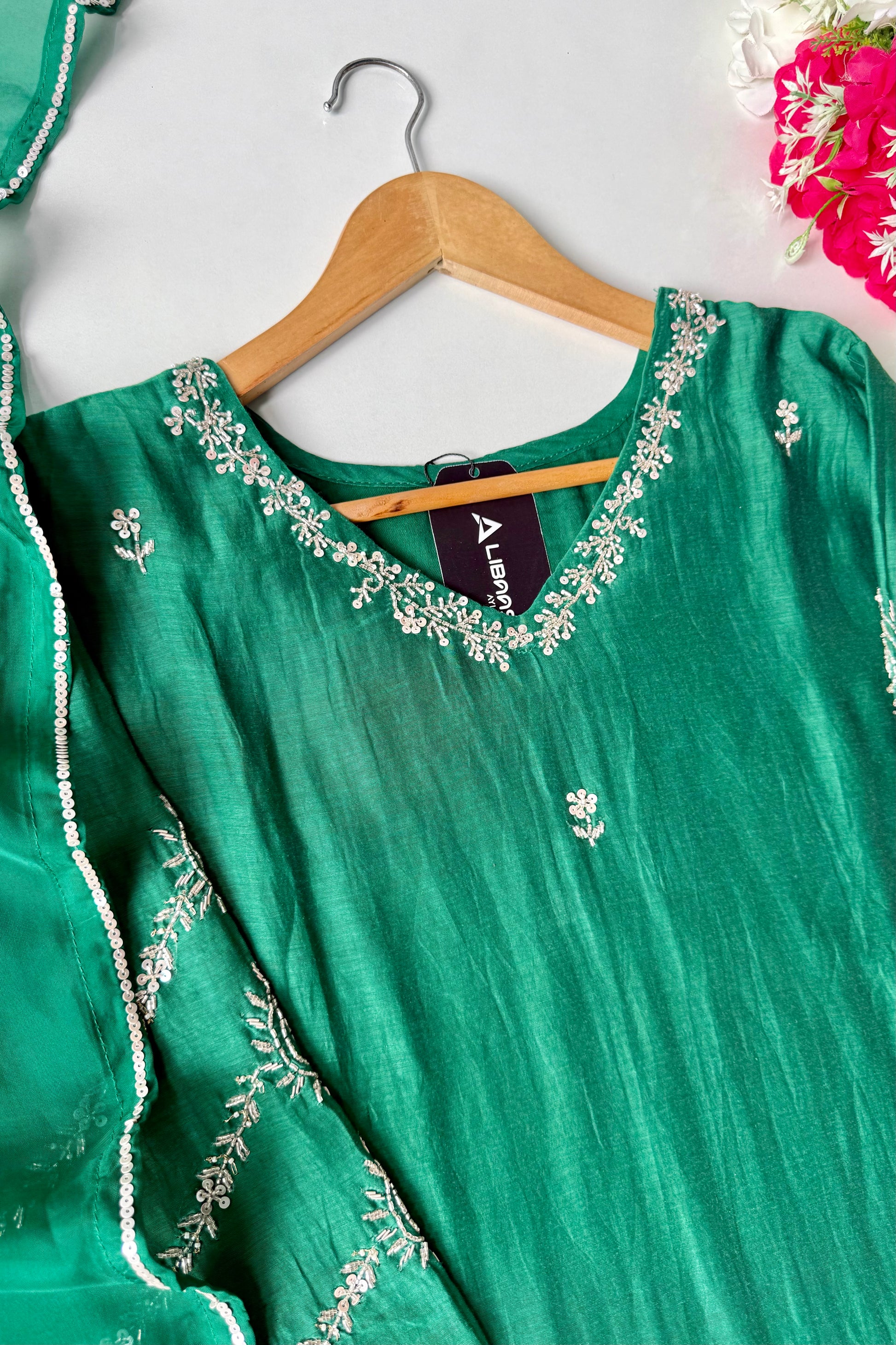 ✨”Eshal - Premium Green Mul Chanderi A-Line Kurta Set