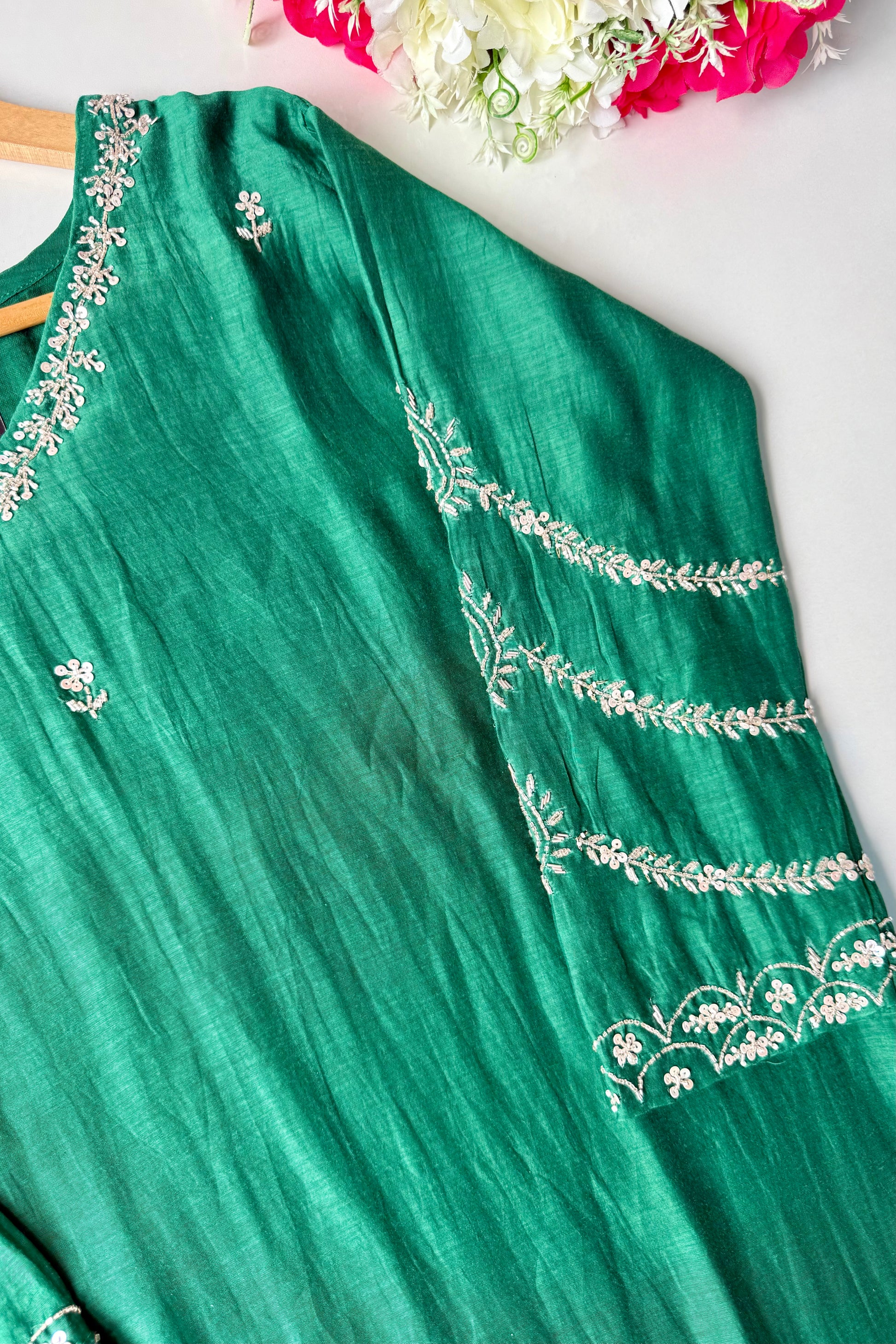 ✨”Eshal - Premium Green Mul Chanderi A-Line Kurta Set