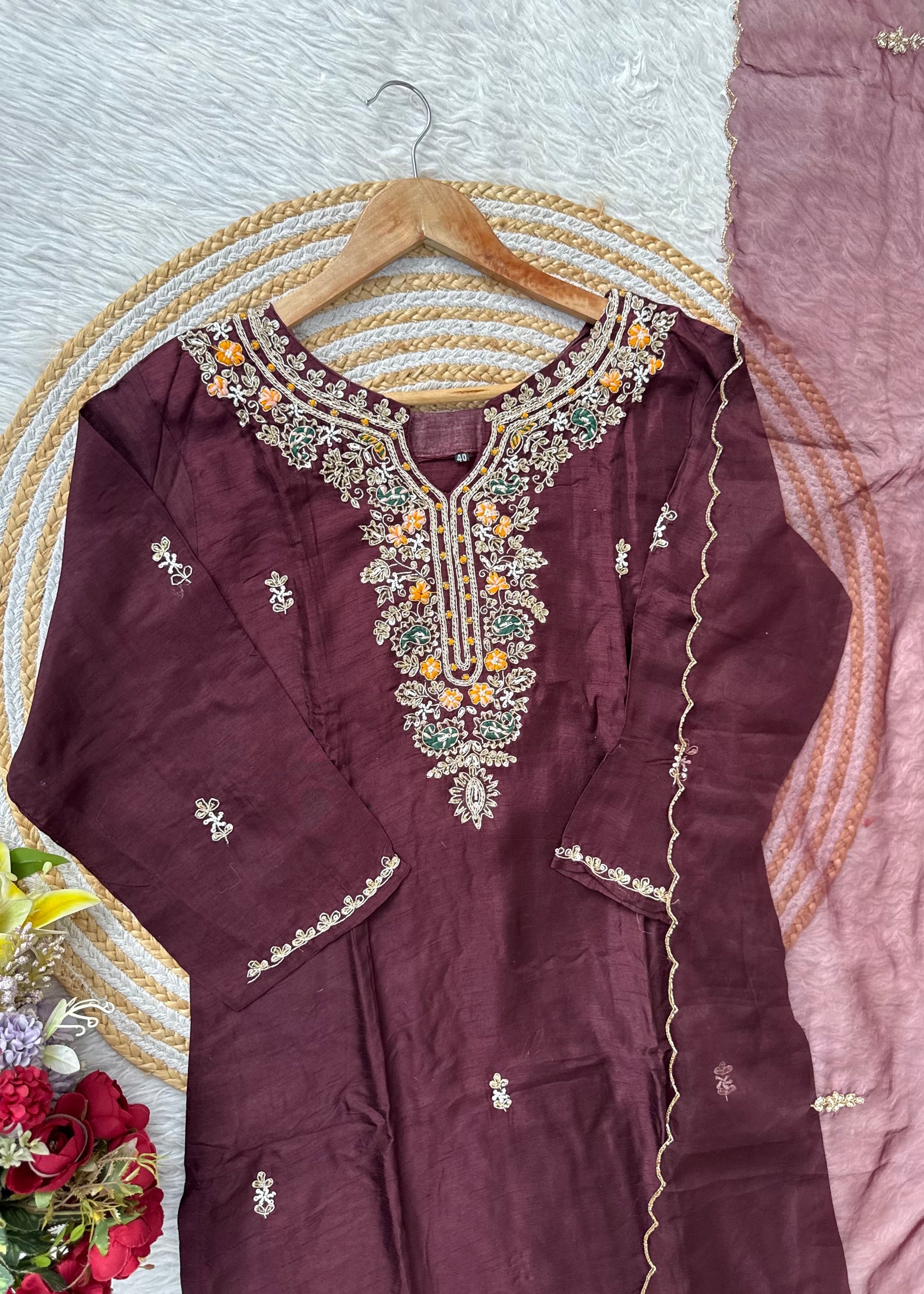 “ISHIKA” Brwon handcrafted dola silk kurti set