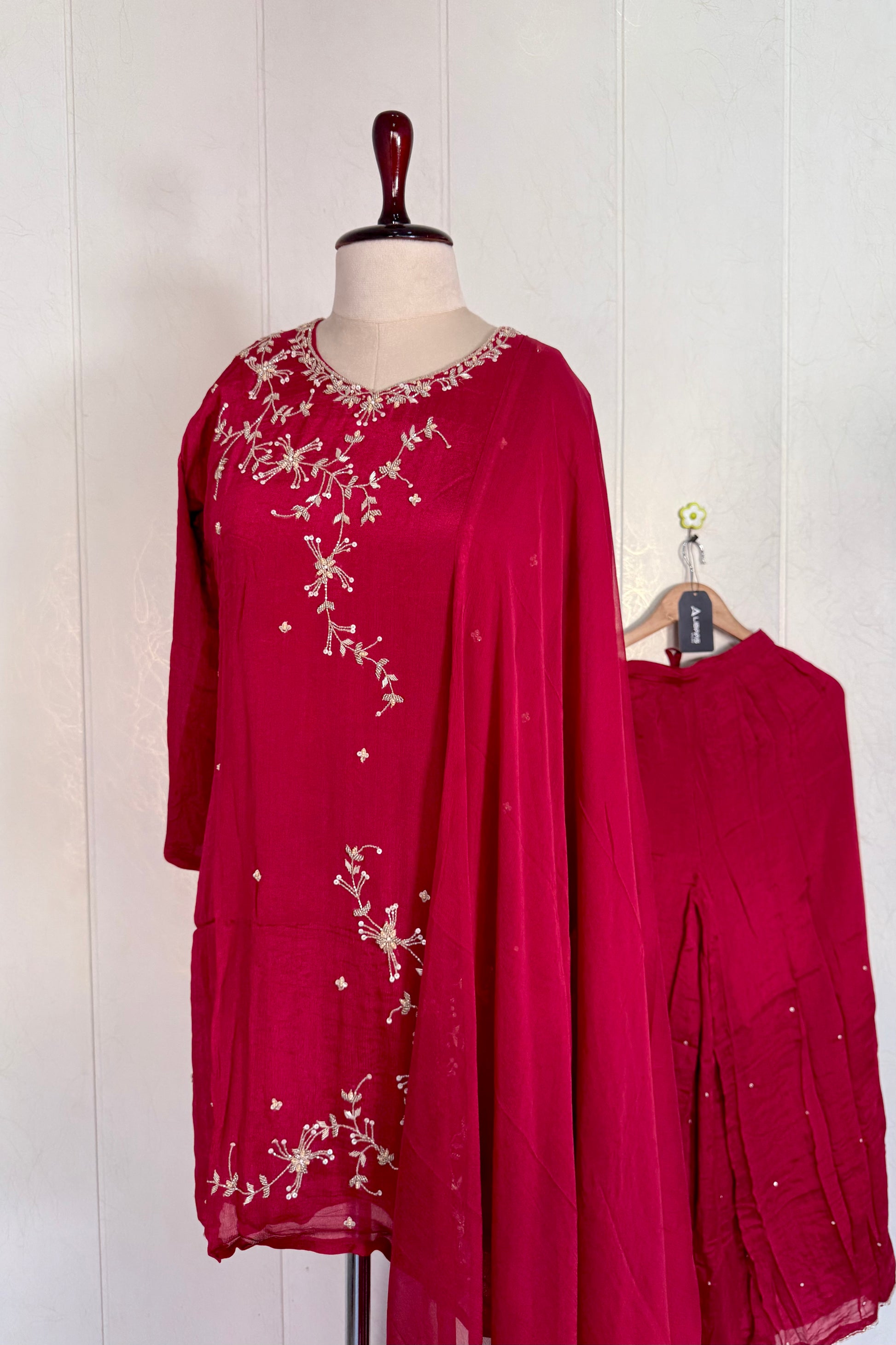 “Alya” Chinnon Silk Heavy Handwork Kurta Palazzo Set with Dupatta