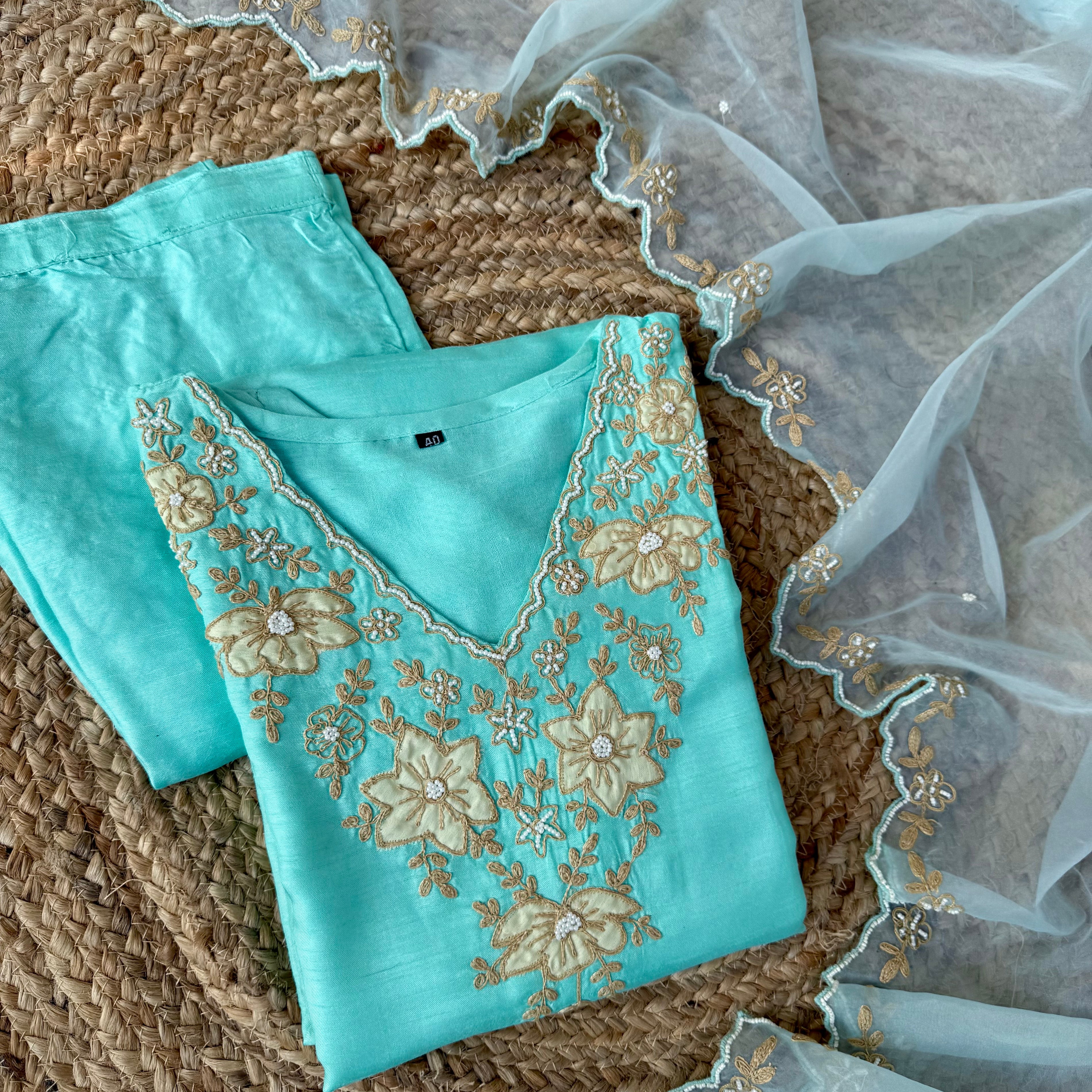 “Applique” Applique work handcrafted dola silk kurta set