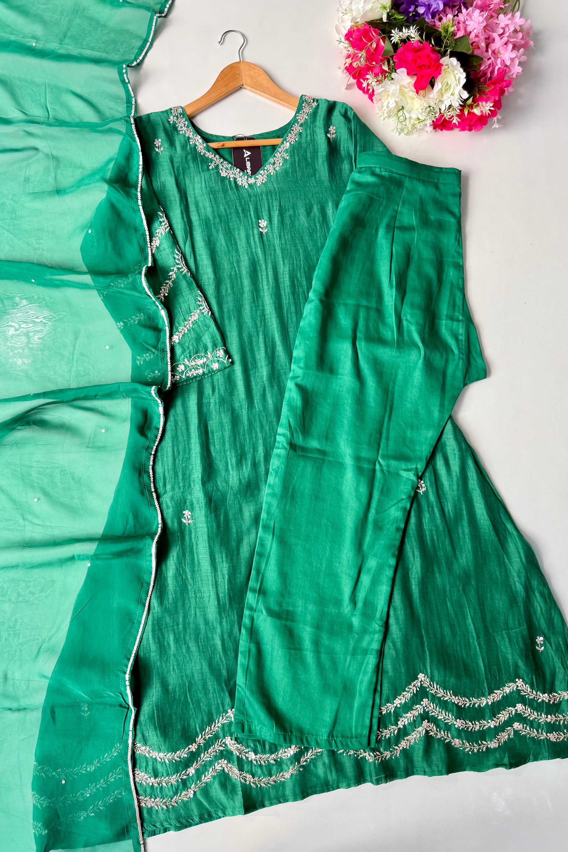 ✨”Eshal - Premium Green Mul Chanderi A-Line Kurta Set