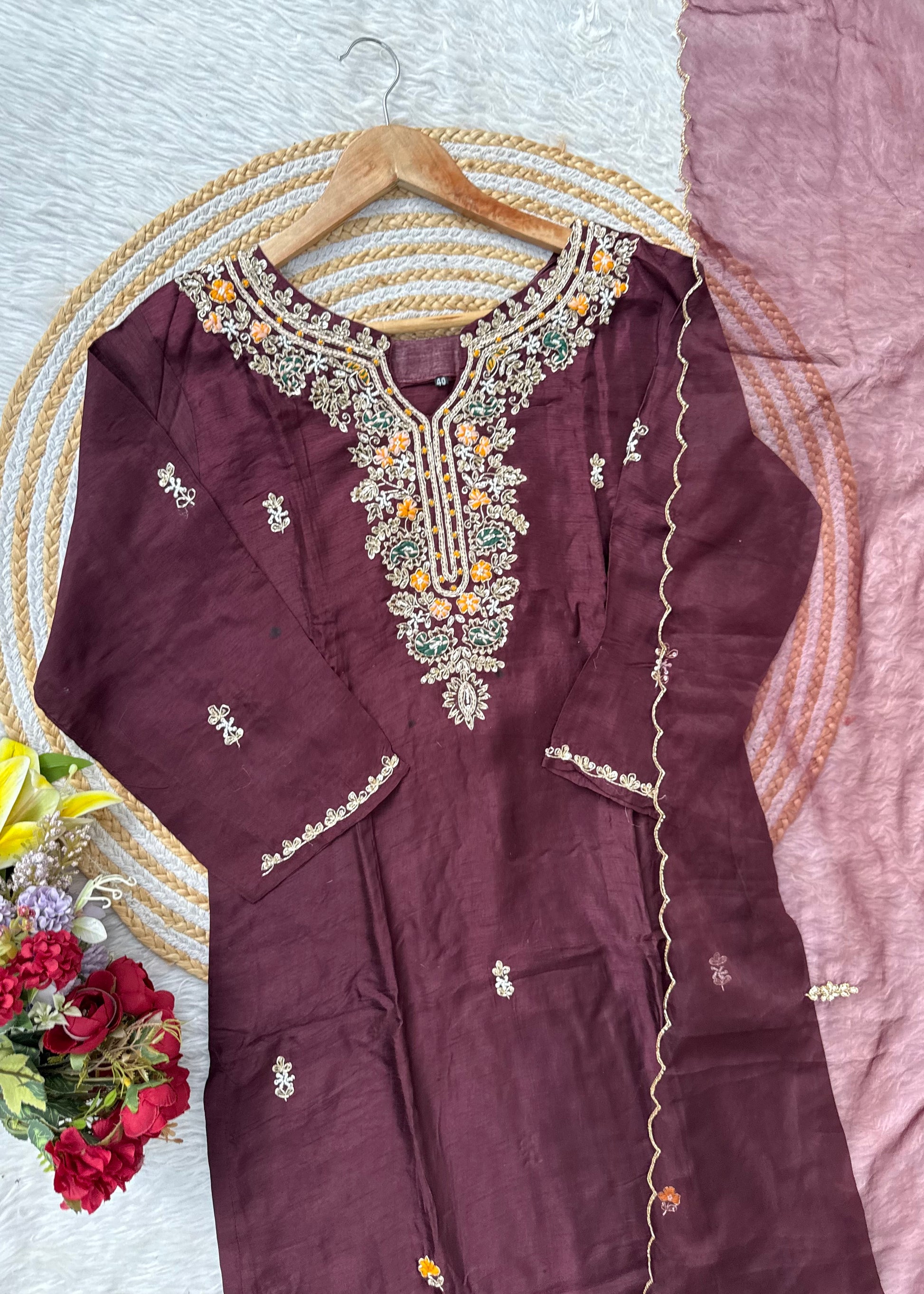 “ISHIKA” Brwon handcrafted dola silk kurti set