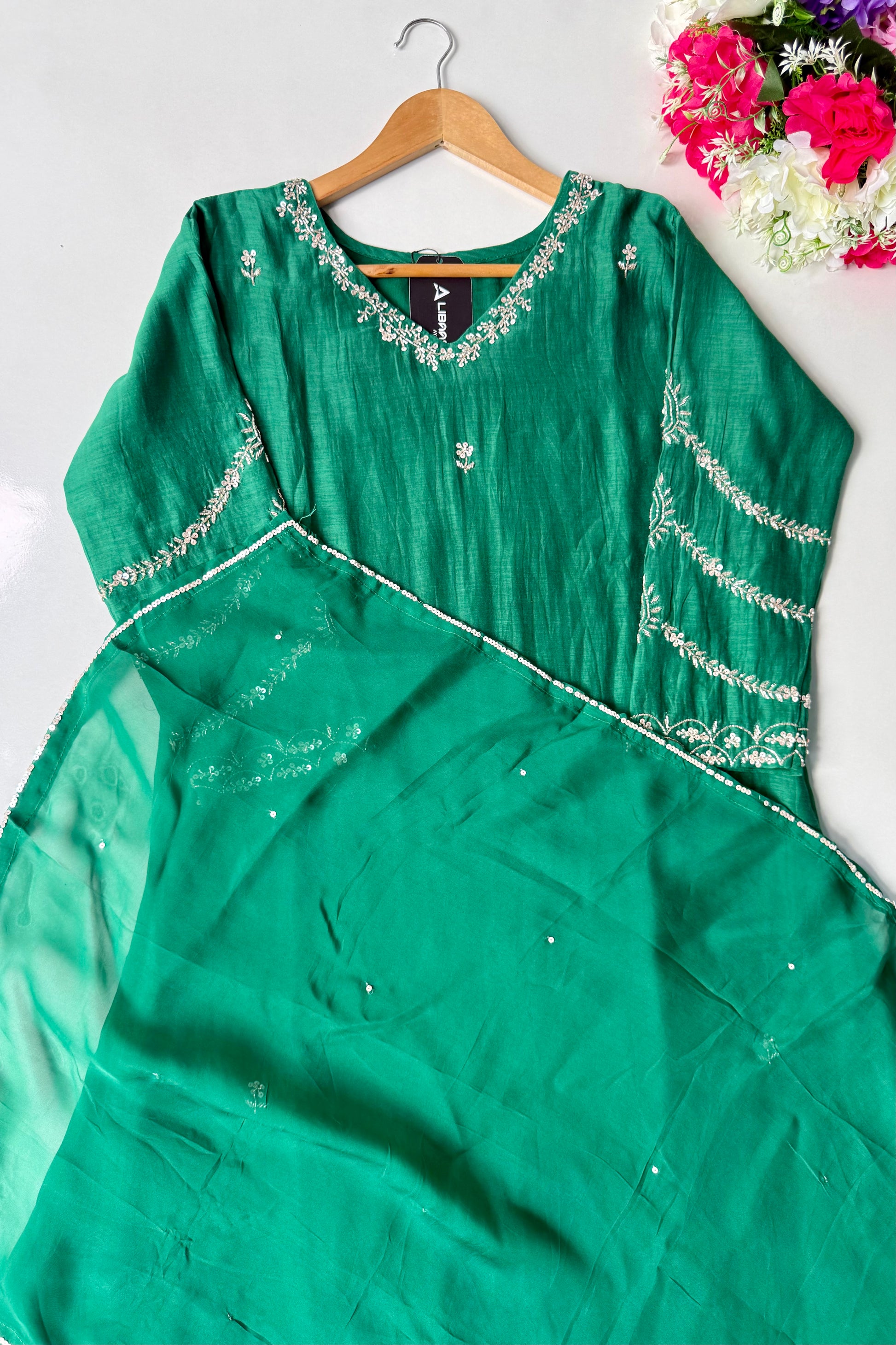✨”Eshal - Premium Green Mul Chanderi A-Line Kurta Set