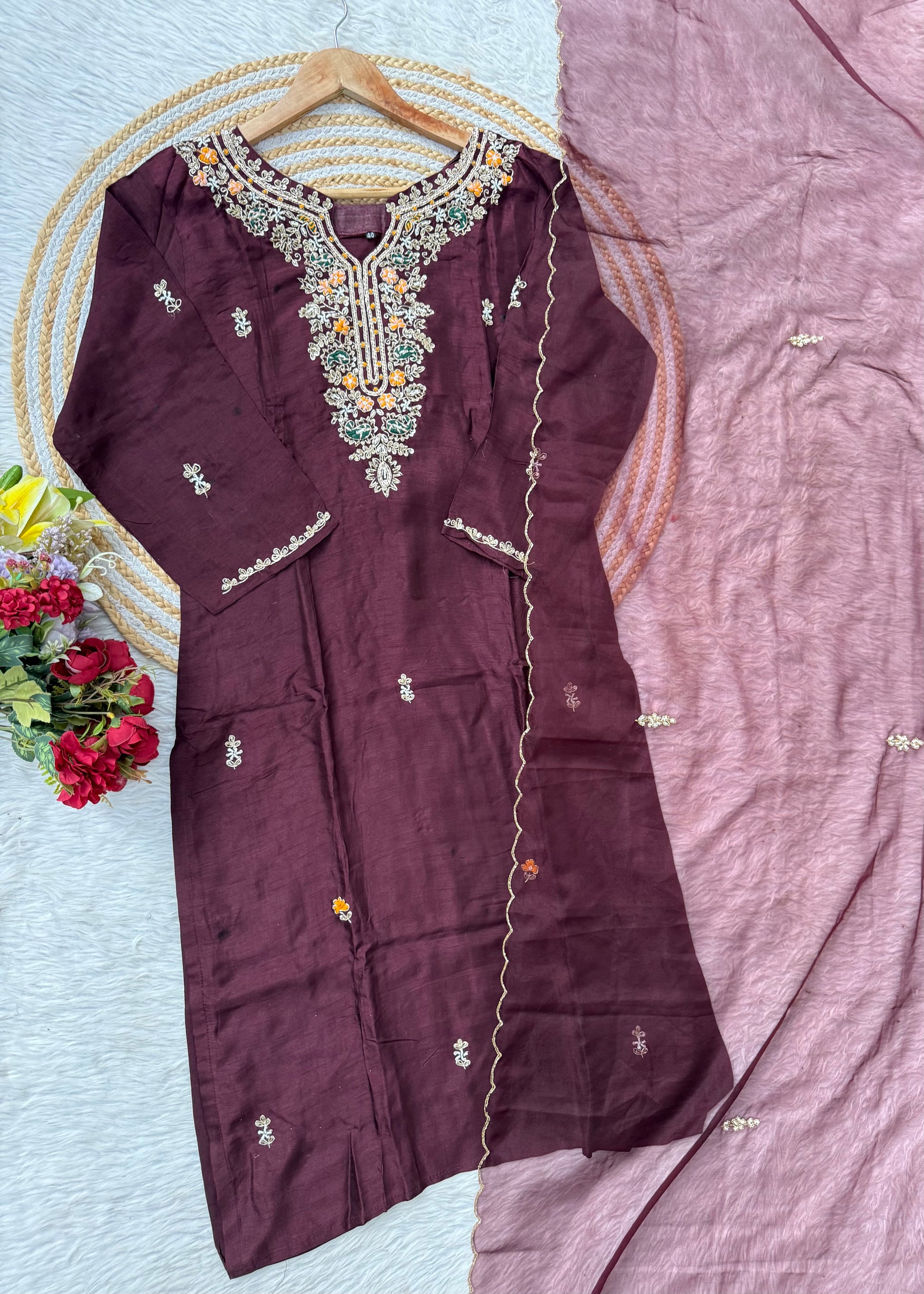 “ISHIKA” Brwon handcrafted dola silk kurti set