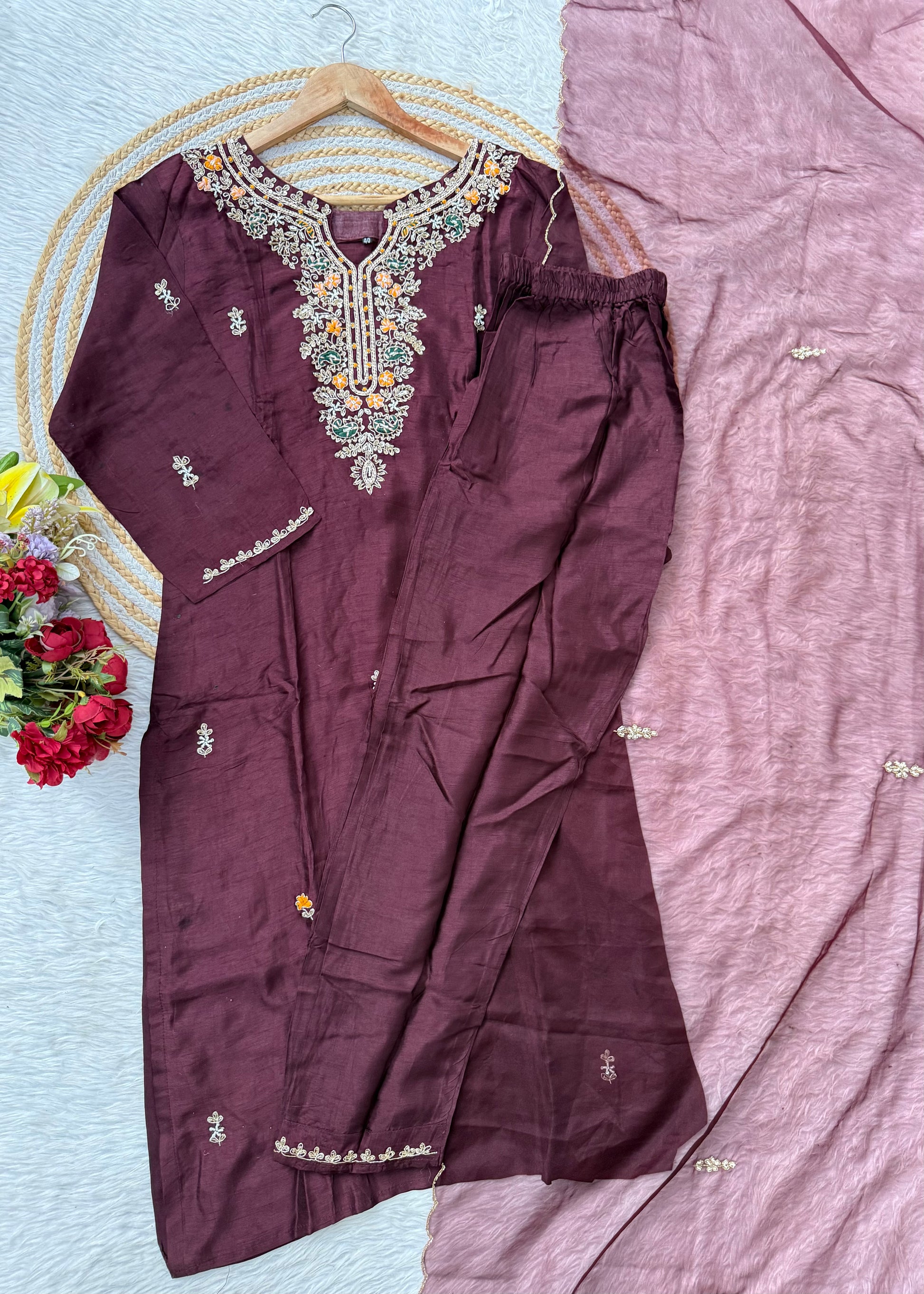 “ISHIKA” Brwon handcrafted dola silk kurti set