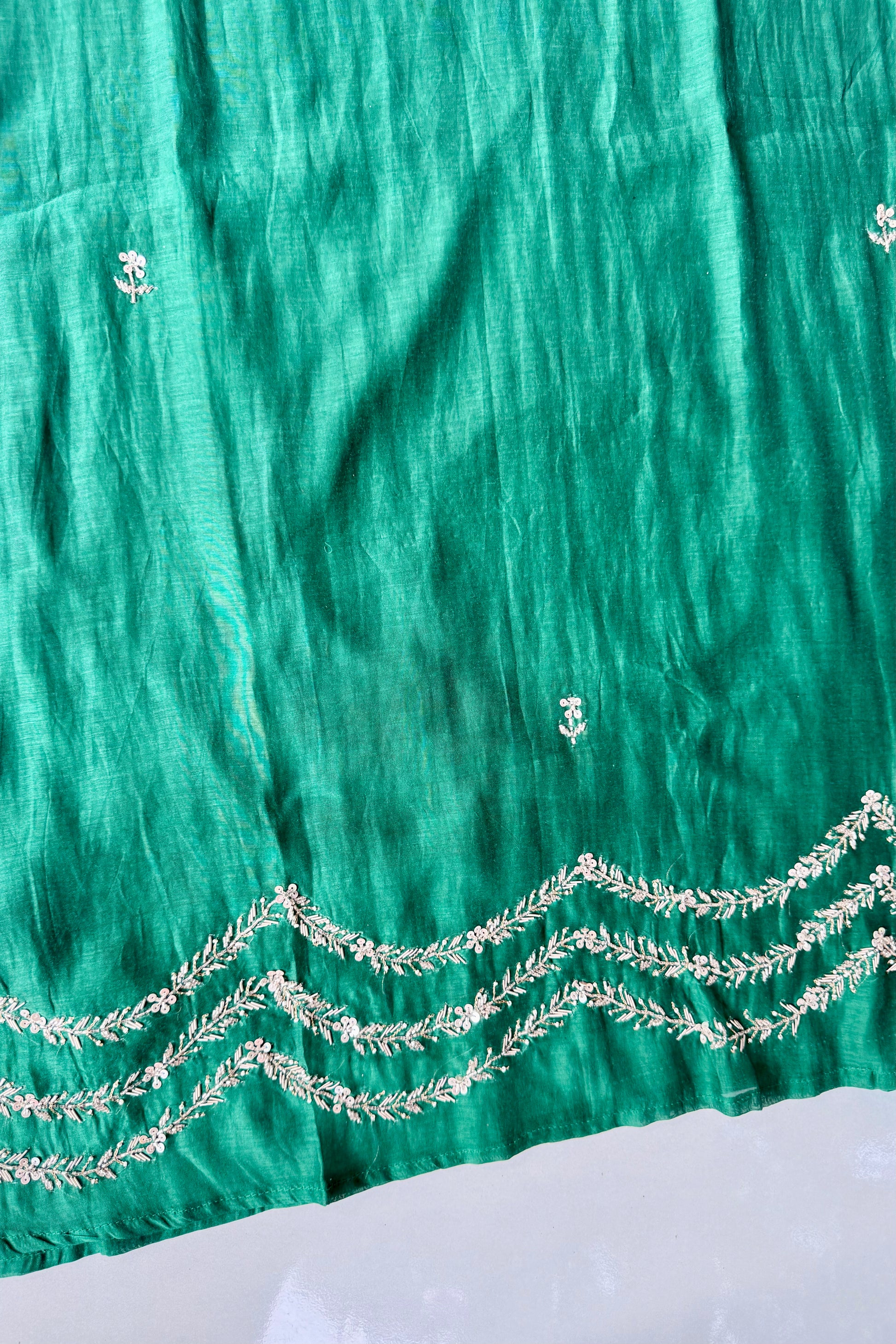 ✨”Eshal - Premium Green Mul Chanderi A-Line Kurta Set