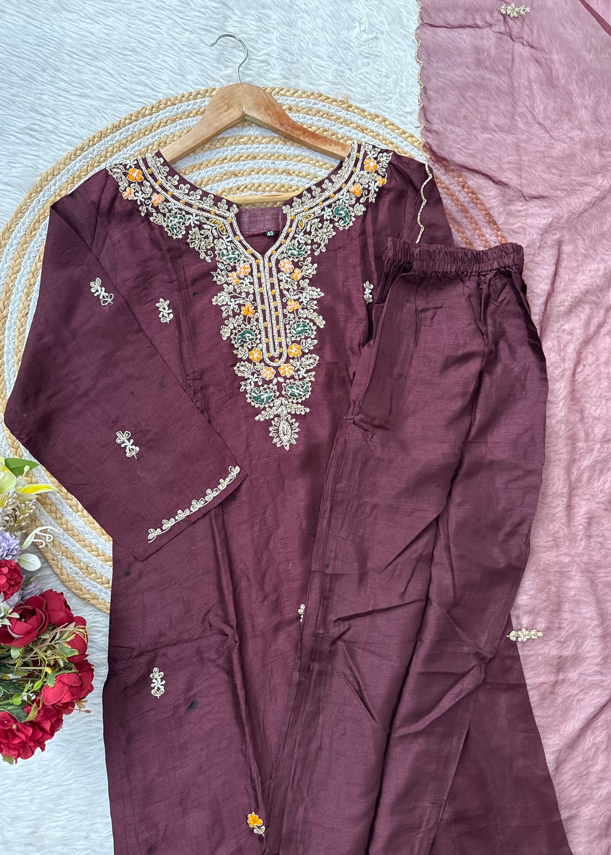 “ISHIKA” Brwon handcrafted dola silk kurti set