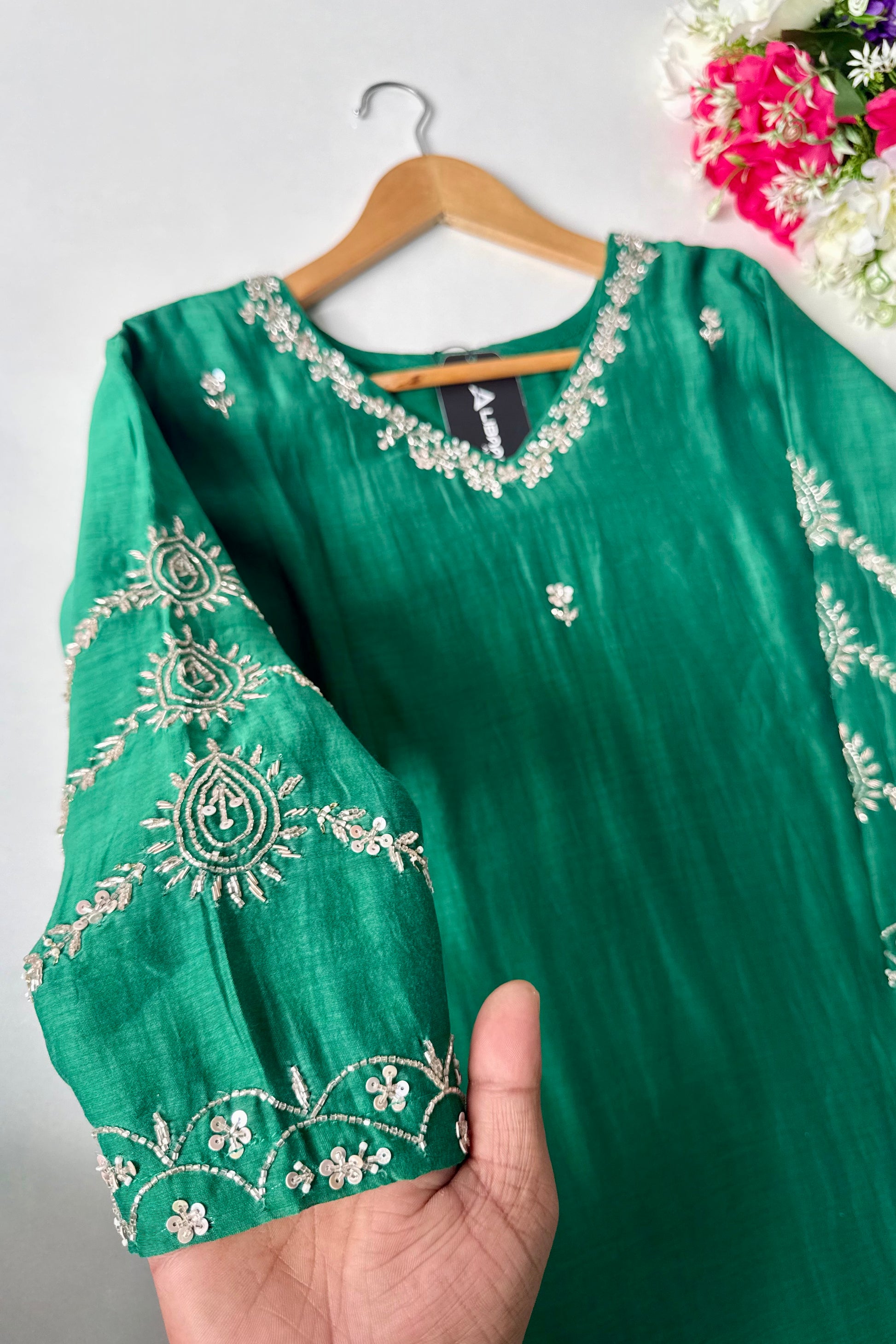 ✨”Eshal - Premium Green Mul Chanderi A-Line Kurta Set
