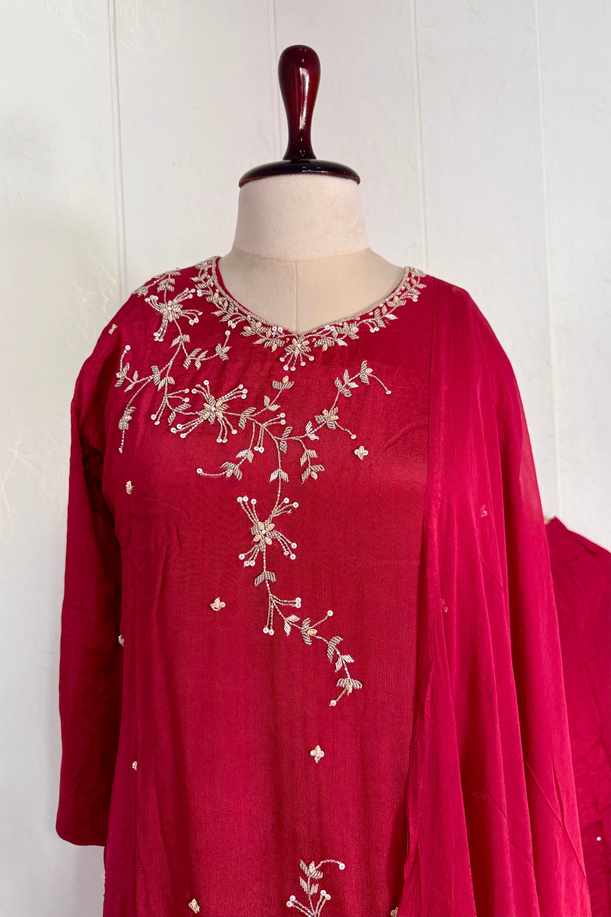 “Alya” Chinnon Silk Heavy Handwork Kurta Palazzo Set with Dupatta
