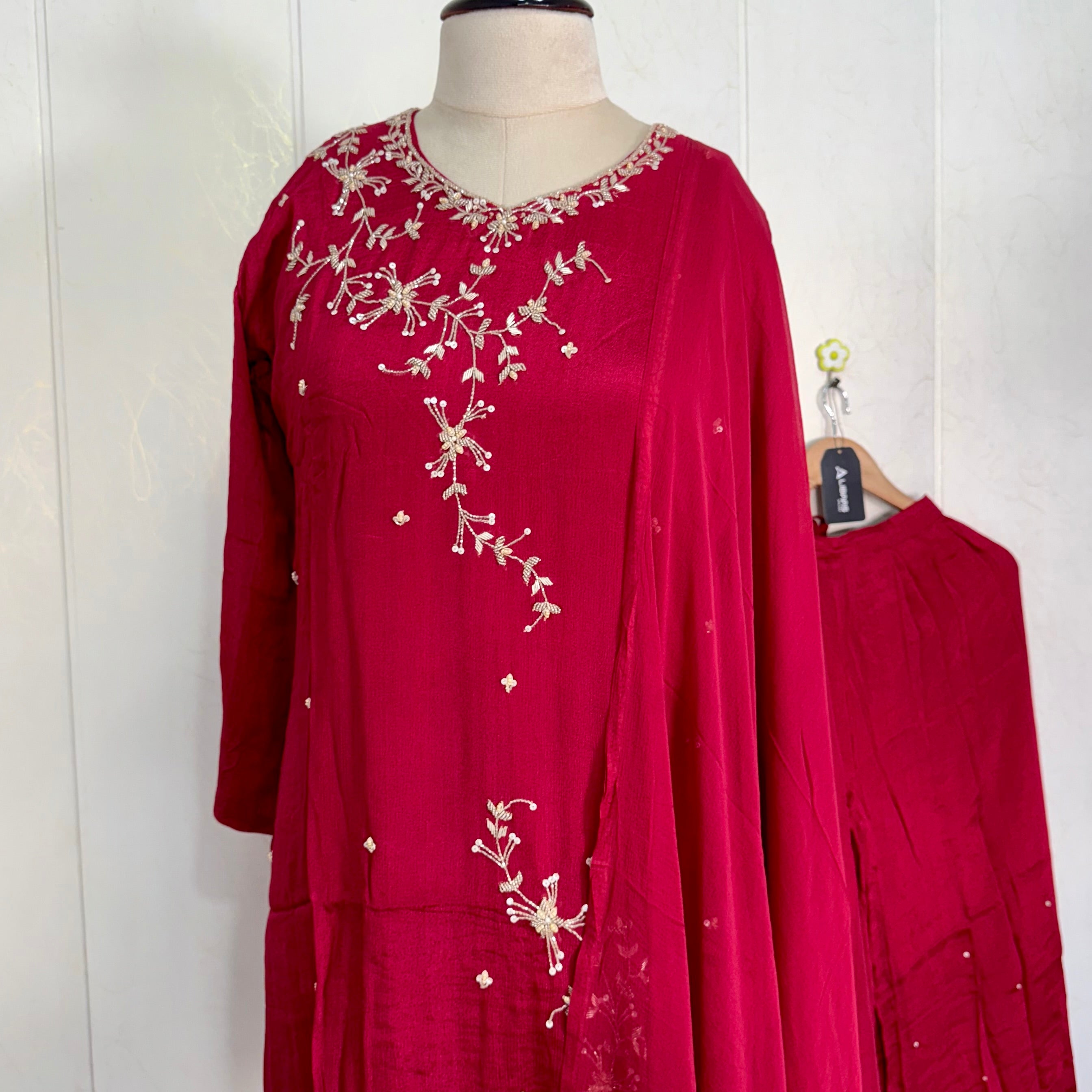 “Alya” Chinnon Silk Heavy Handwork Kurta Palazzo Set with Dupatta