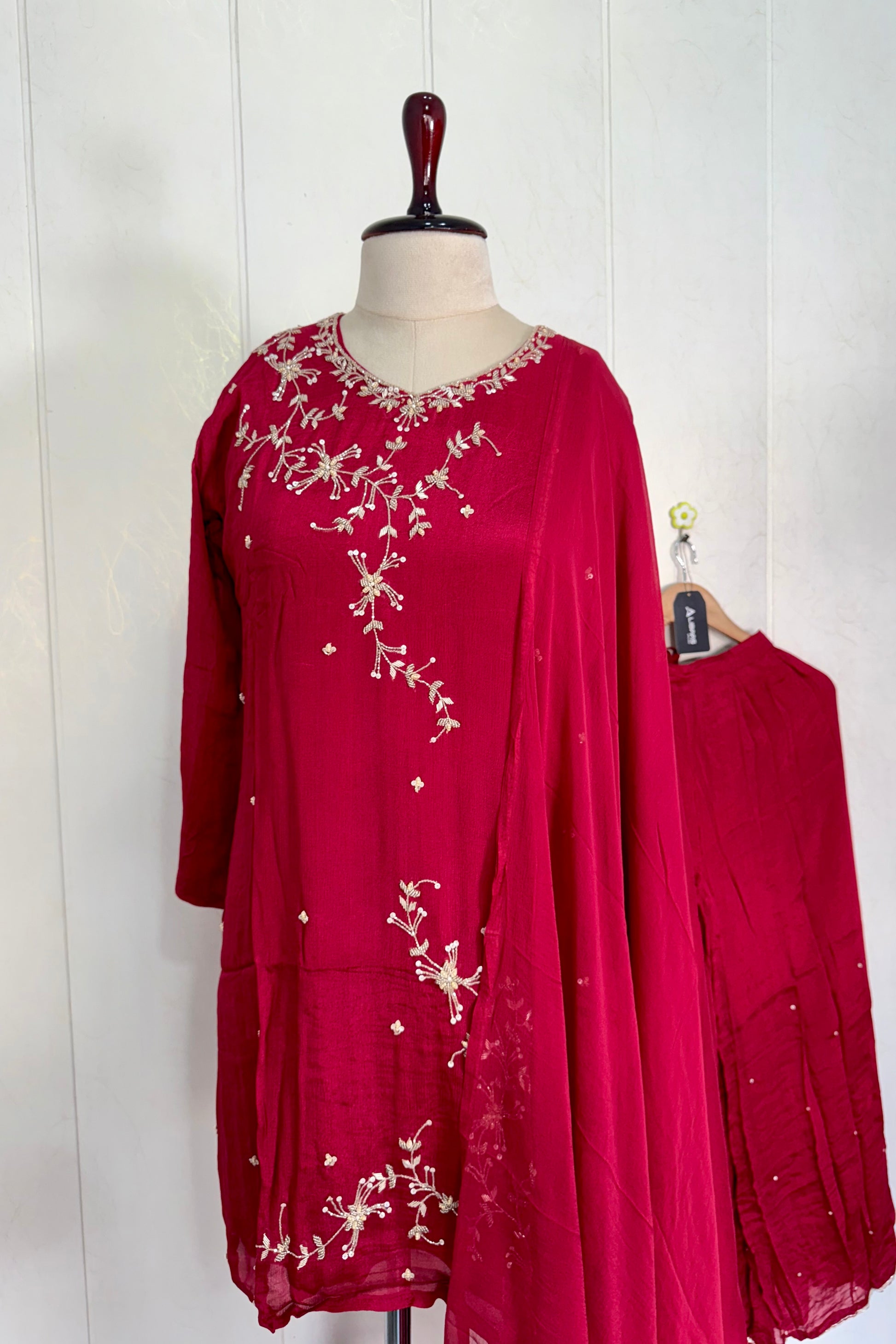 “Alya” Chinnon Silk Heavy Handwork Kurta Palazzo Set with Dupatta