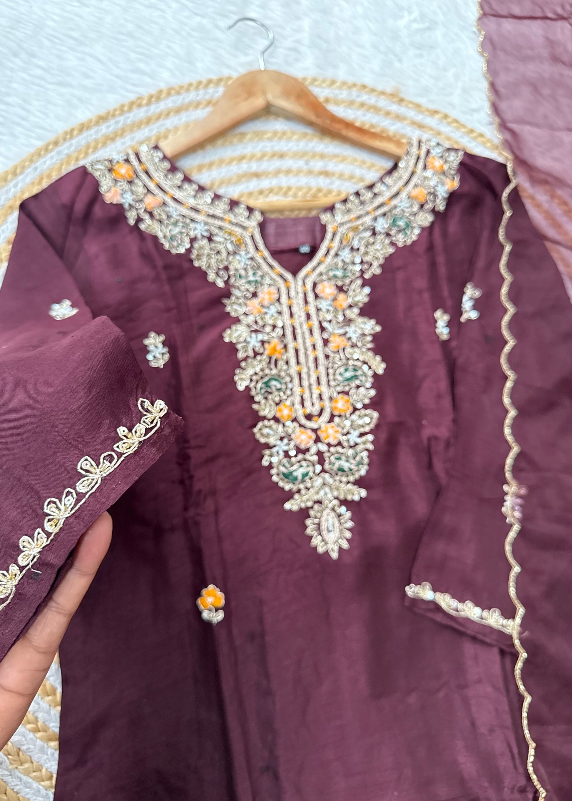 “ISHIKA” Brwon handcrafted dola silk kurti set