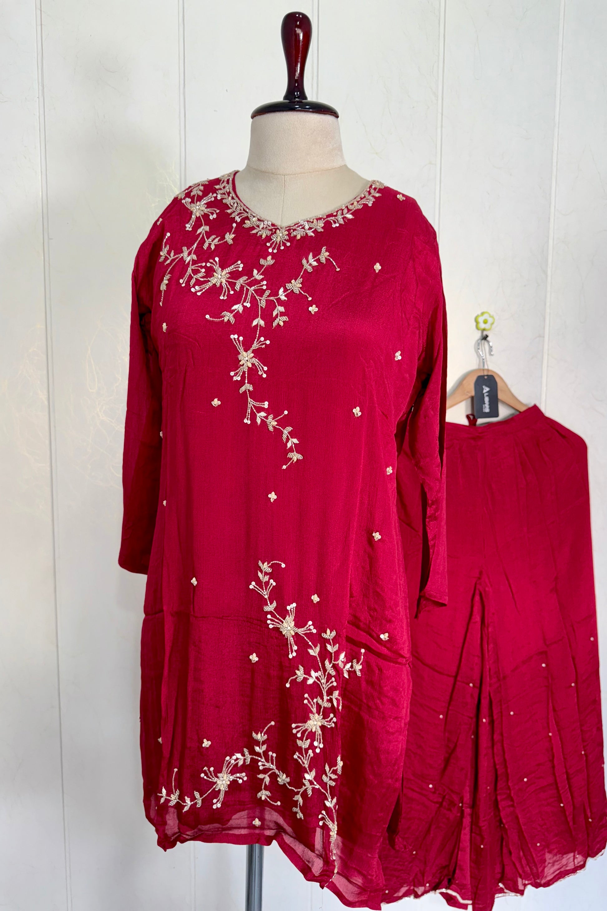“Alya” Chinnon Silk Heavy Handwork Kurta Palazzo Set with Dupatta