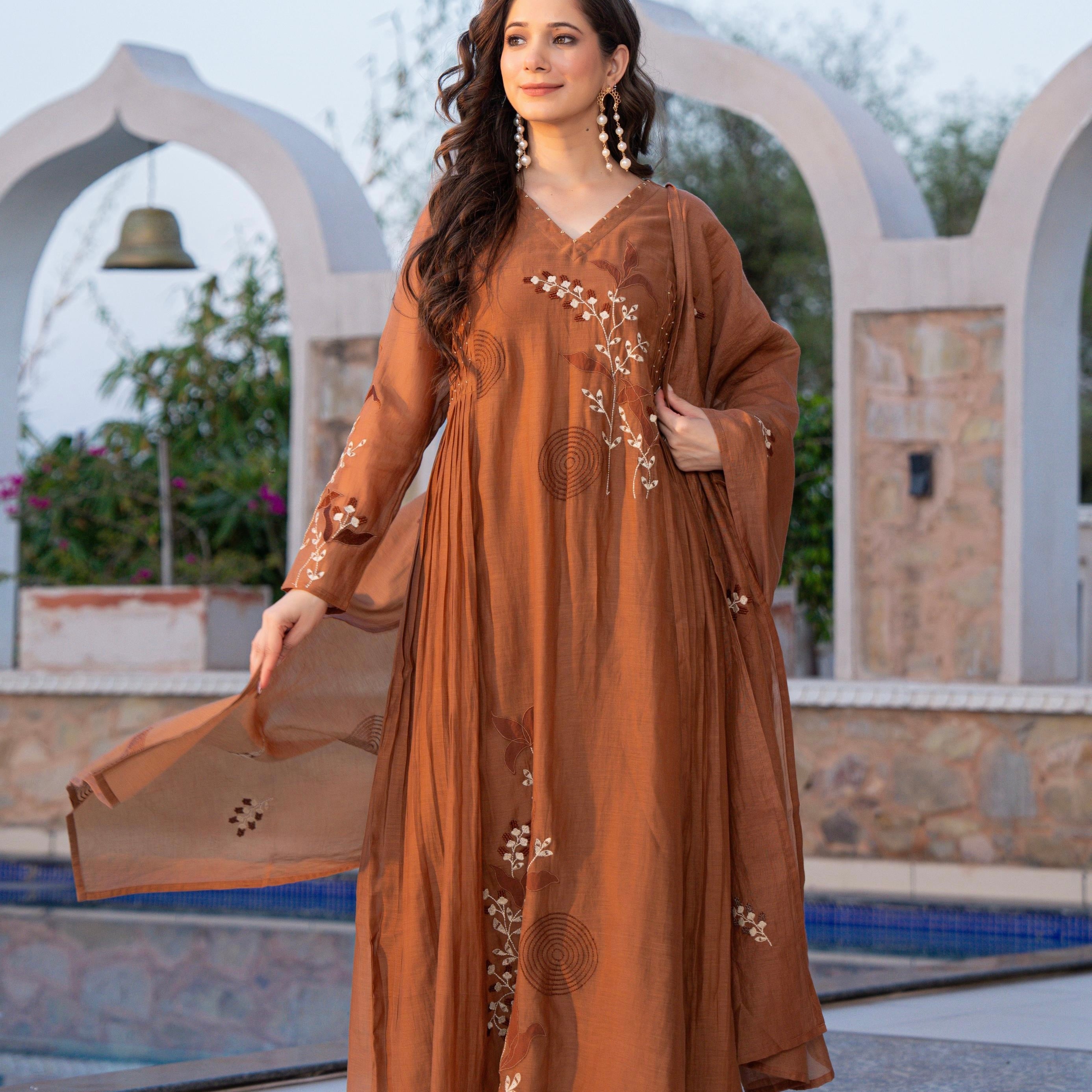 “SIZUMI” Rust Orange Mul Chanderi party wear anarkali suit set
