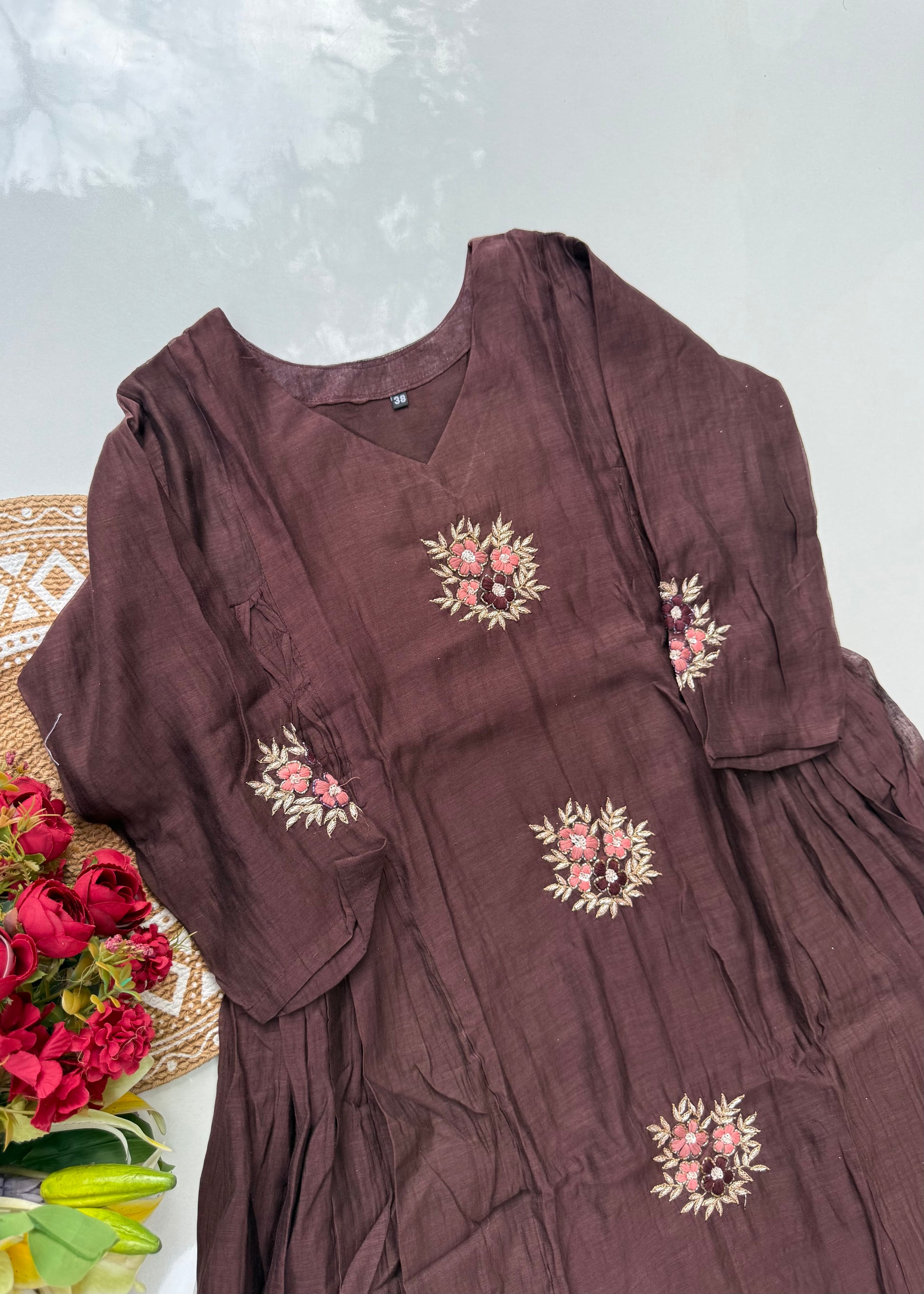 “YAHVI” Premium Rich Brown Mul Chanderi anarkali kurta set