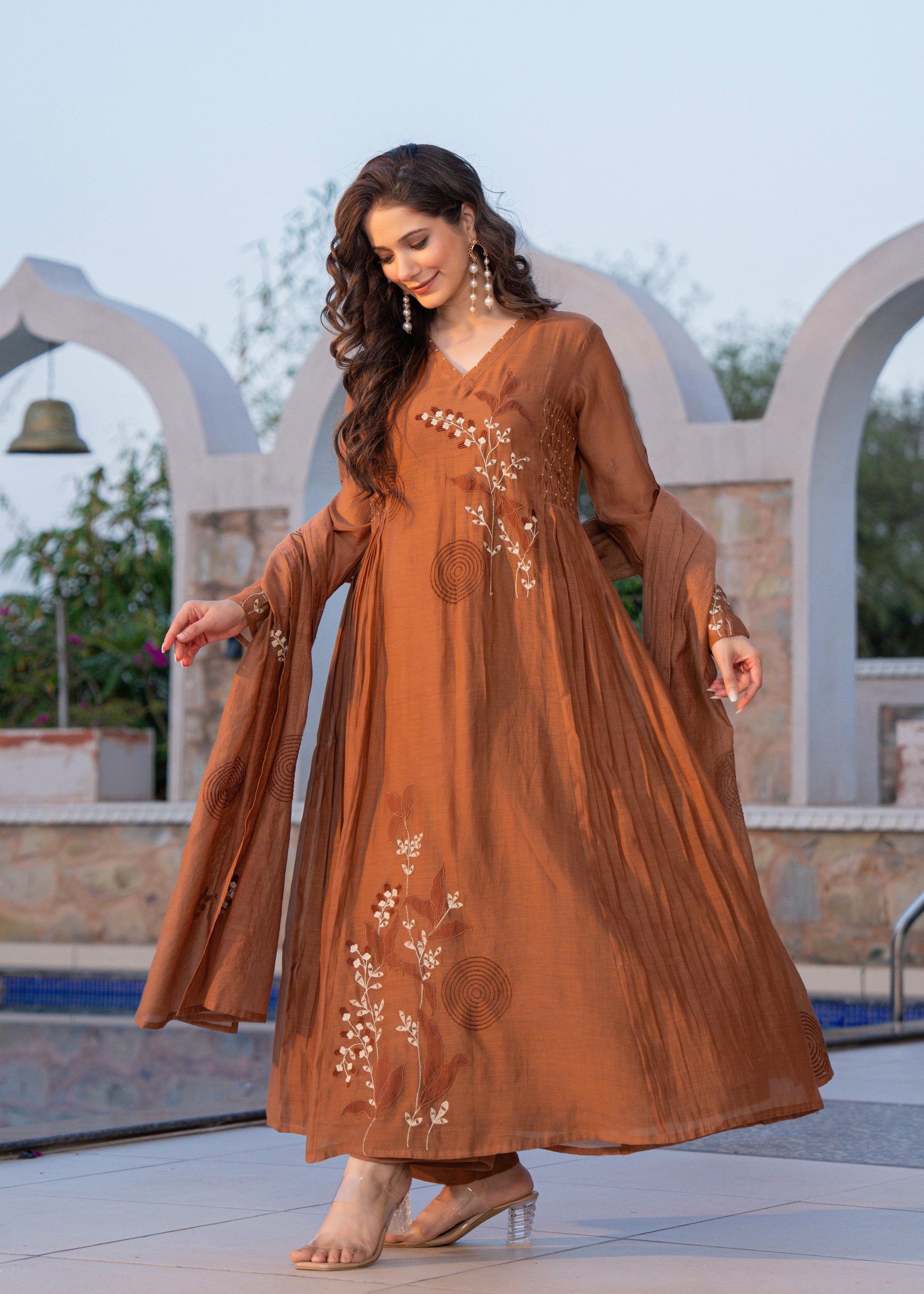 “SIZUMI” Rust Orange Mul Chanderi party wear anarkali suit set
