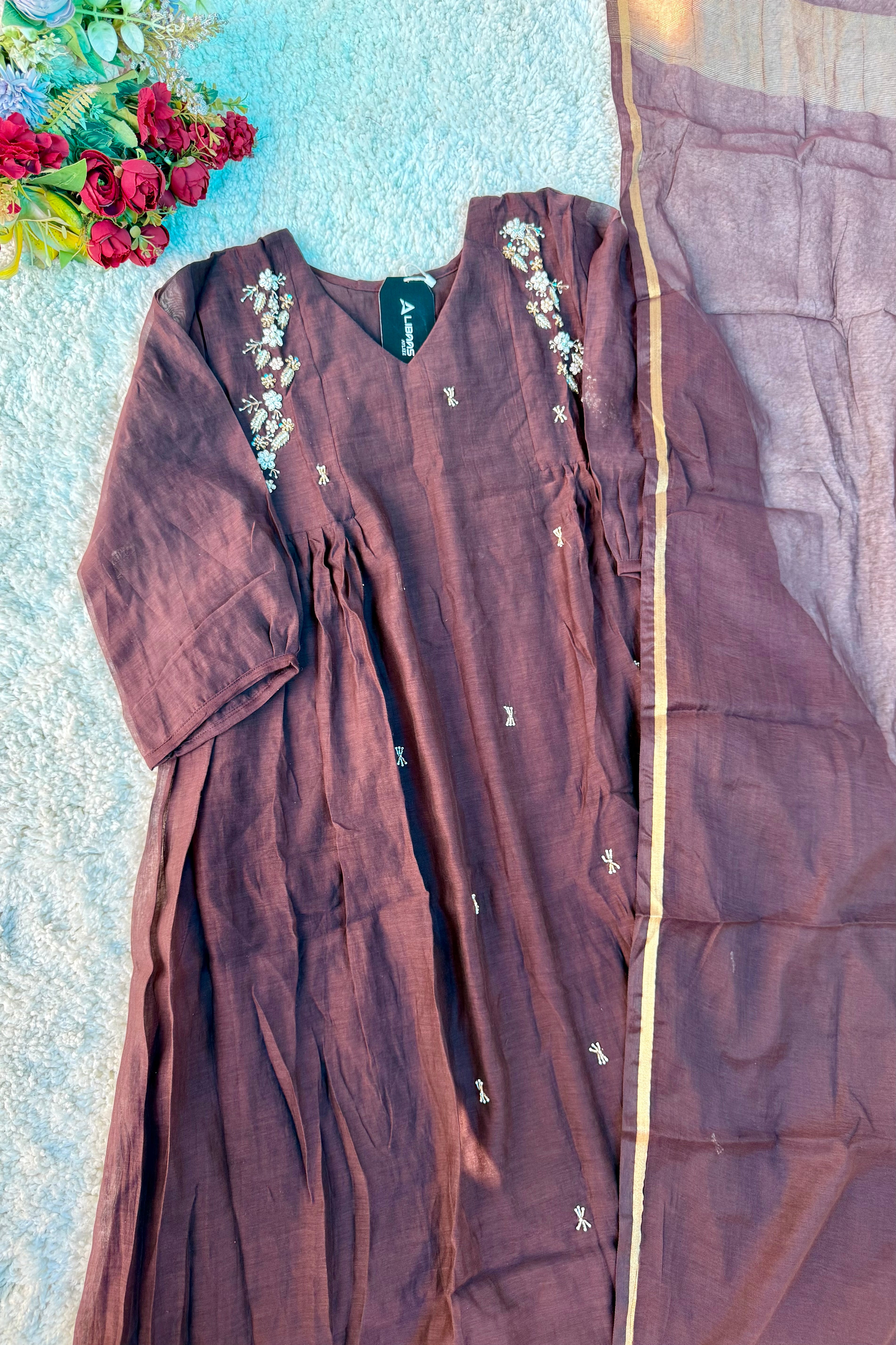 “Zayna” Premium Rich Brown Mul Chanderi anarkali kurta set