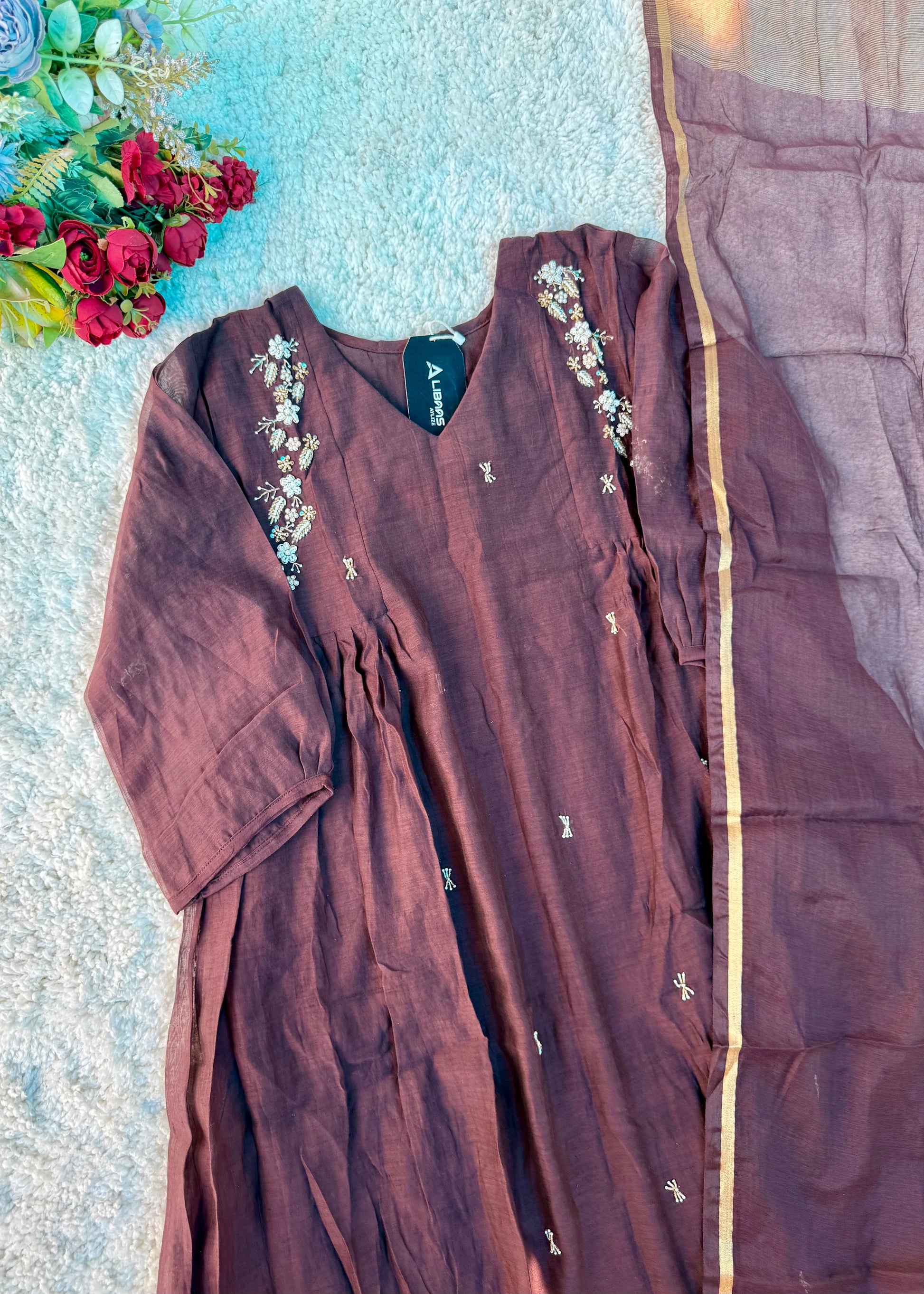 “Zayna” Premium Rich Brown Mul Chanderi anarkali kurta set