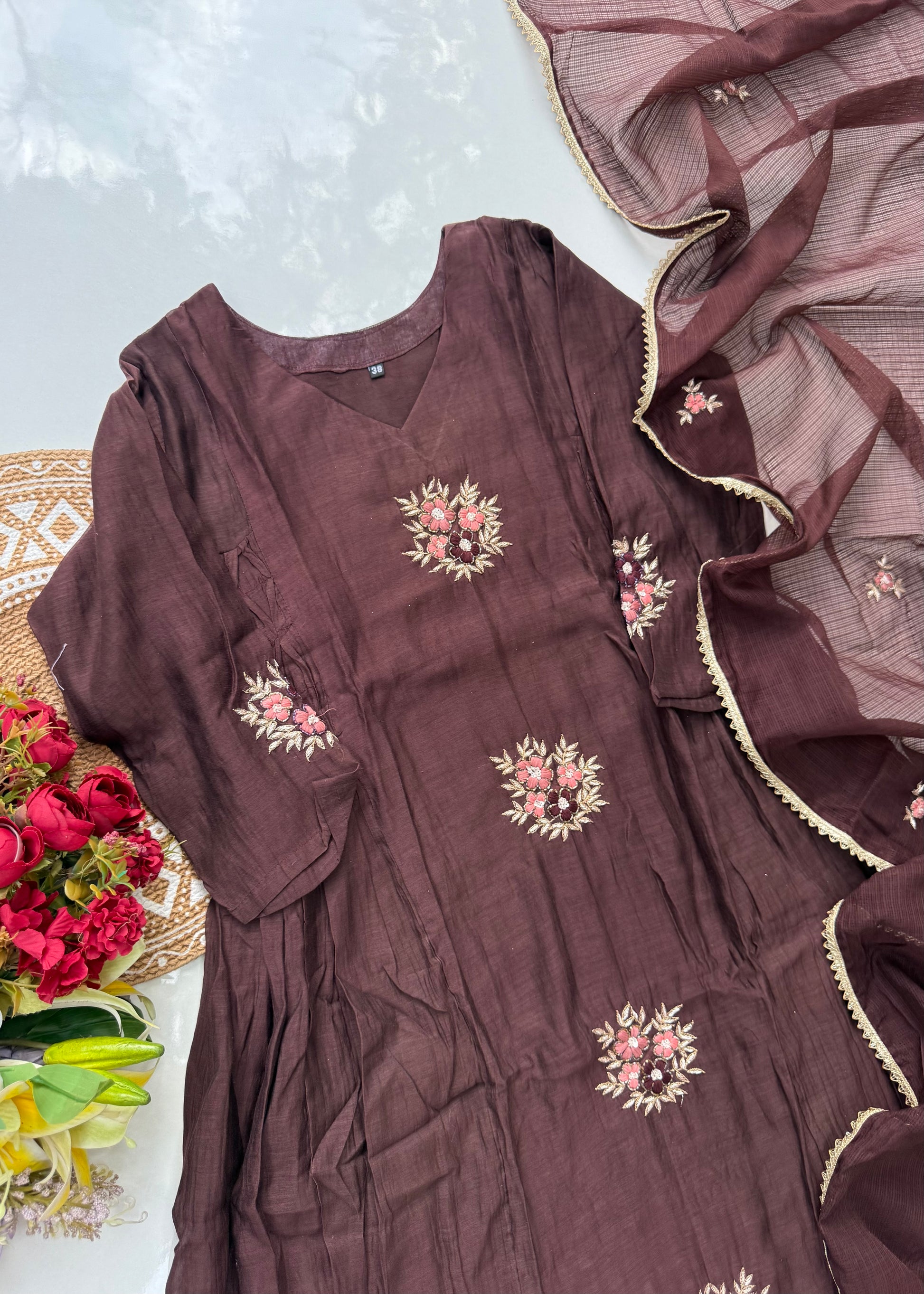 “YAHVI” Premium Rich Brown Mul Chanderi anarkali kurta set
