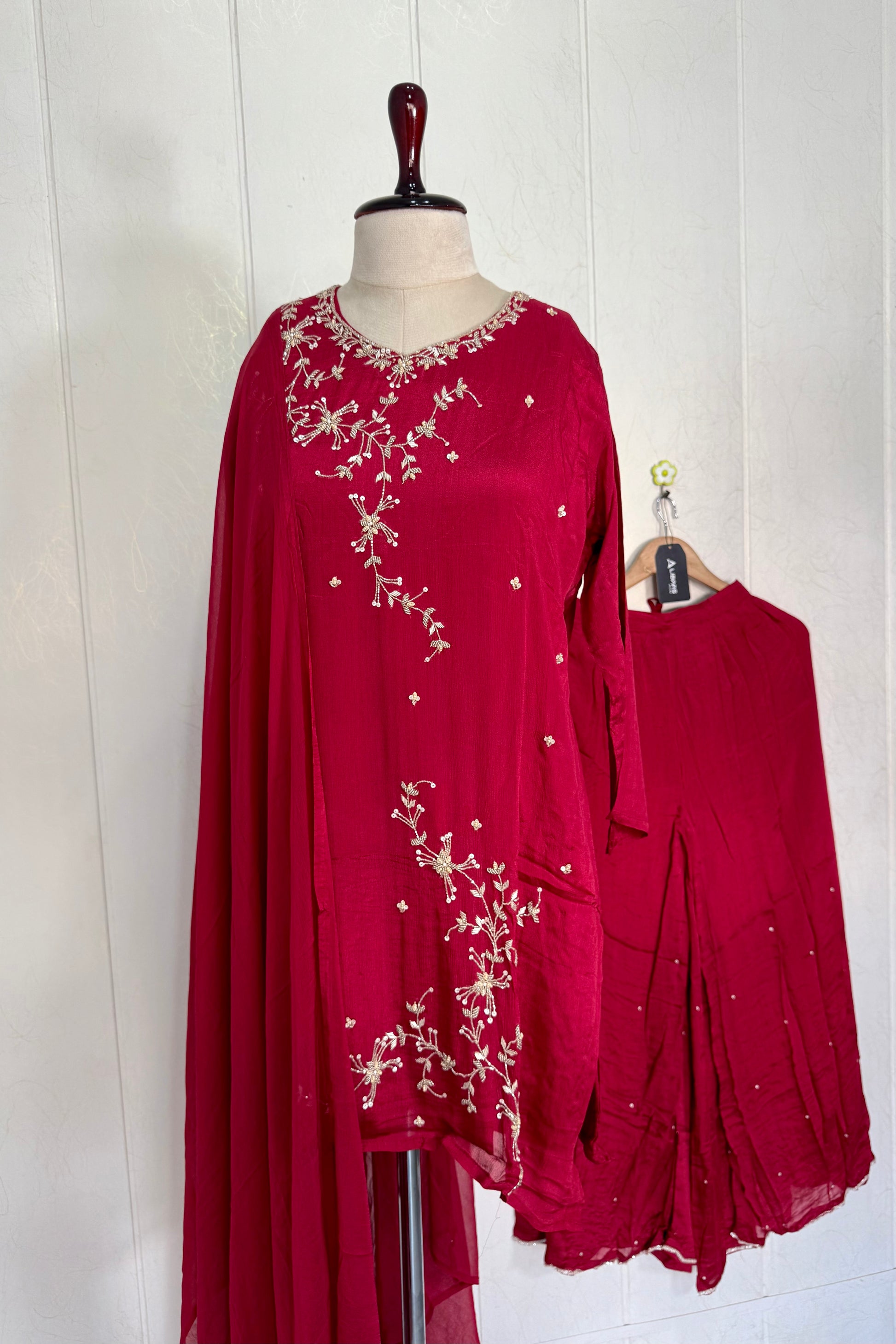 “Alya” Chinnon Silk Heavy Handwork Kurta Palazzo Set with Dupatta
