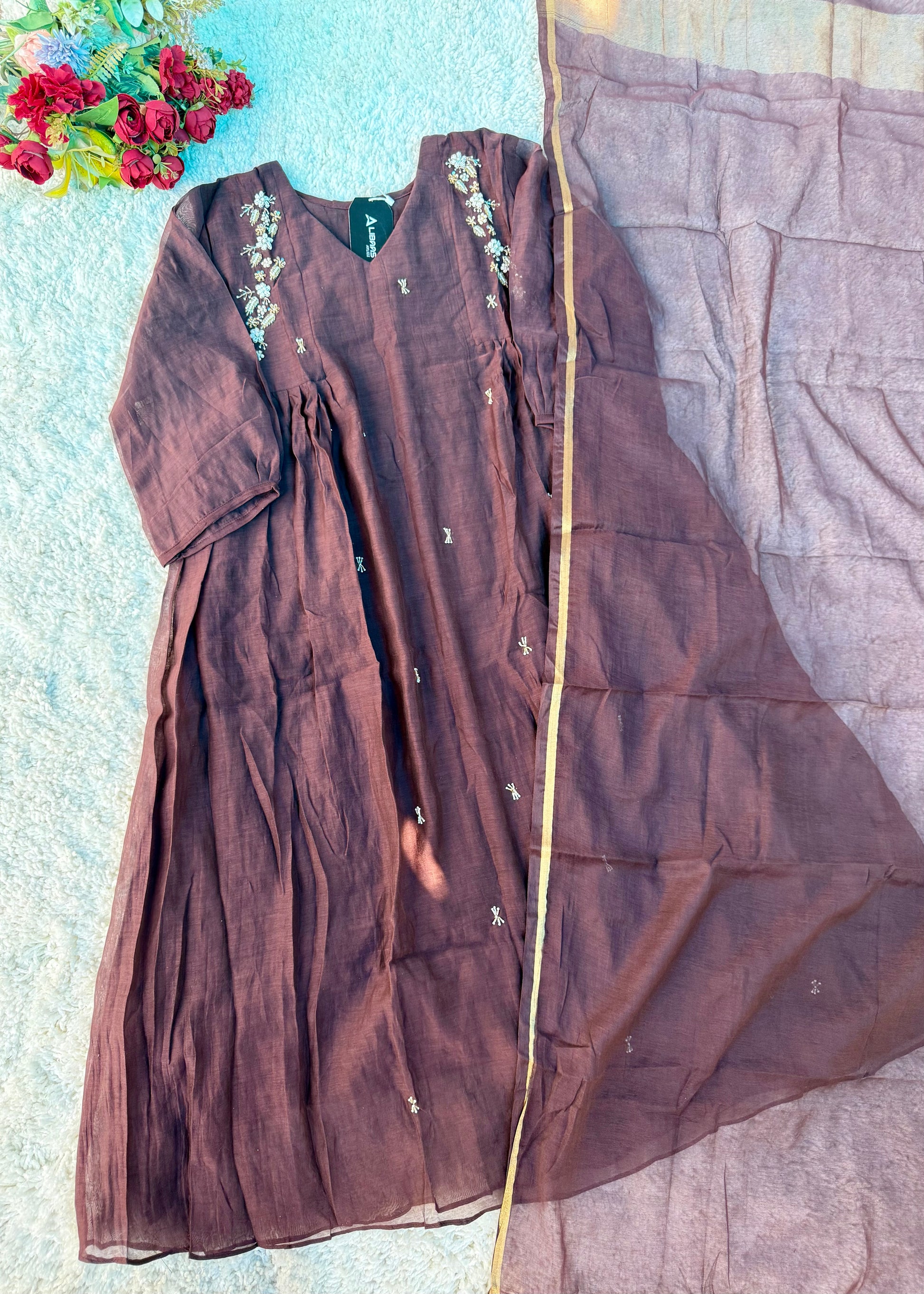“Zayna” Premium Rich Brown Mul Chanderi anarkali kurta set