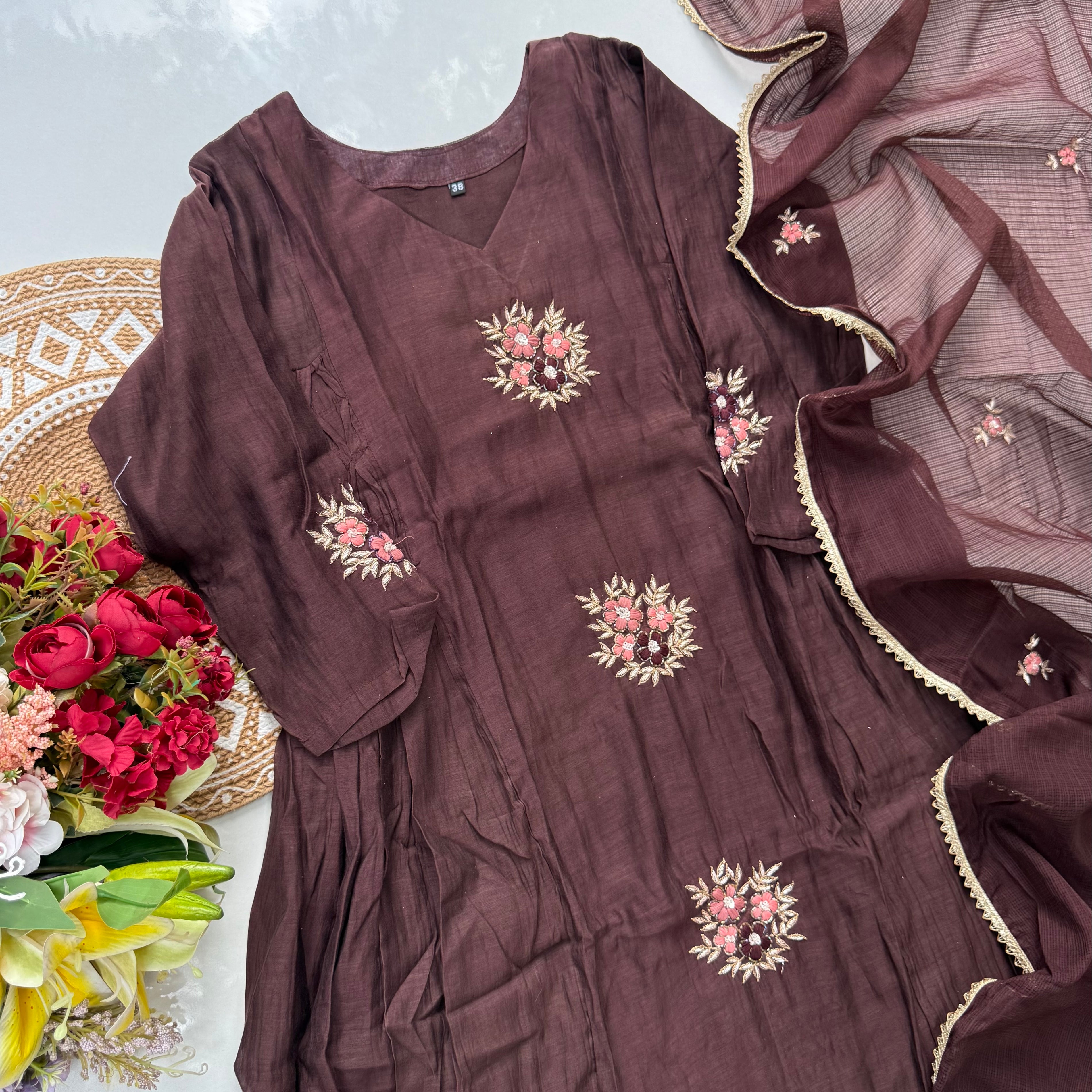 “YAHVI” Premium Rich Brown Mul Chanderi anarkali kurta set