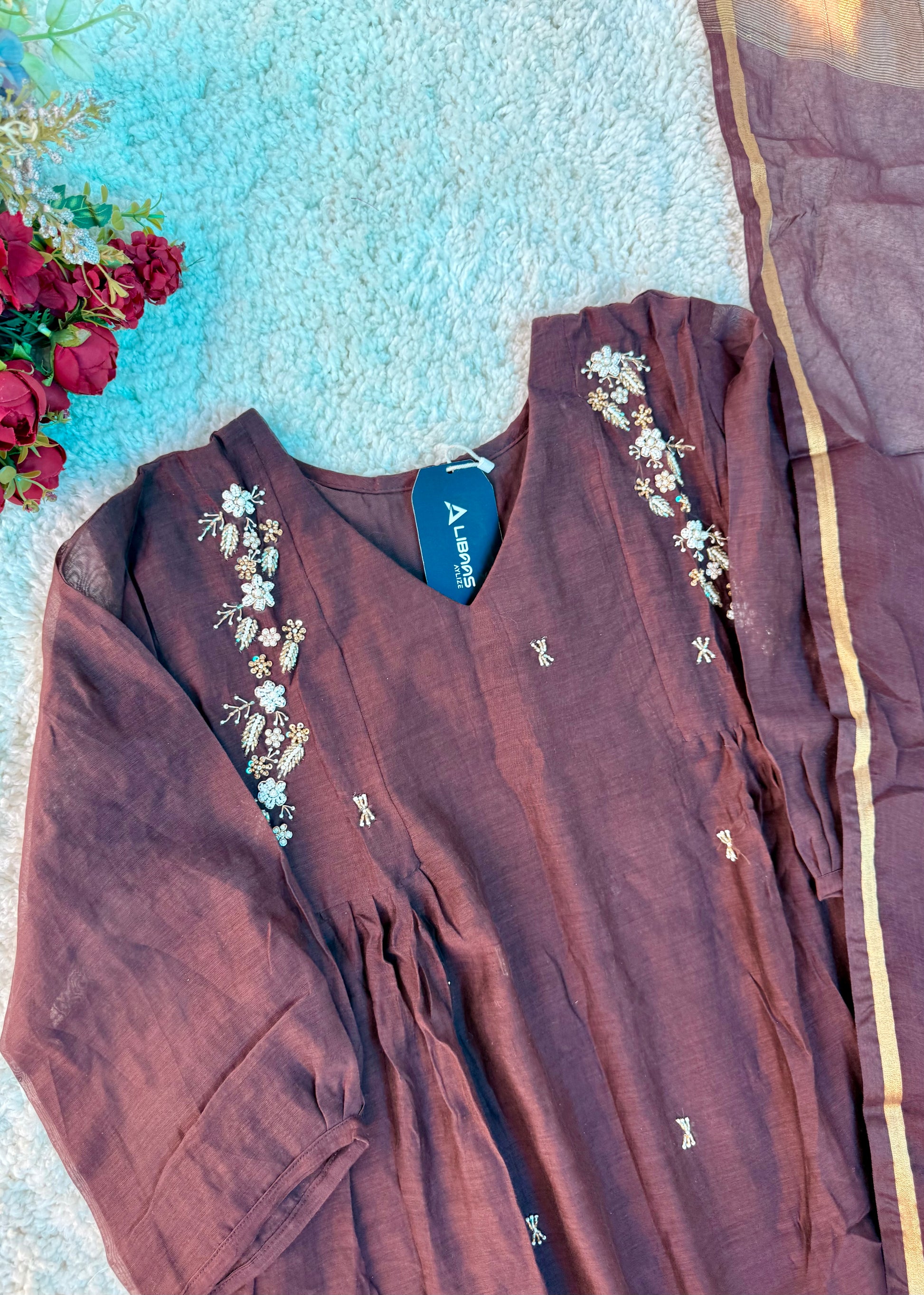 “Zayna” Premium Rich Brown Mul Chanderi anarkali kurta set