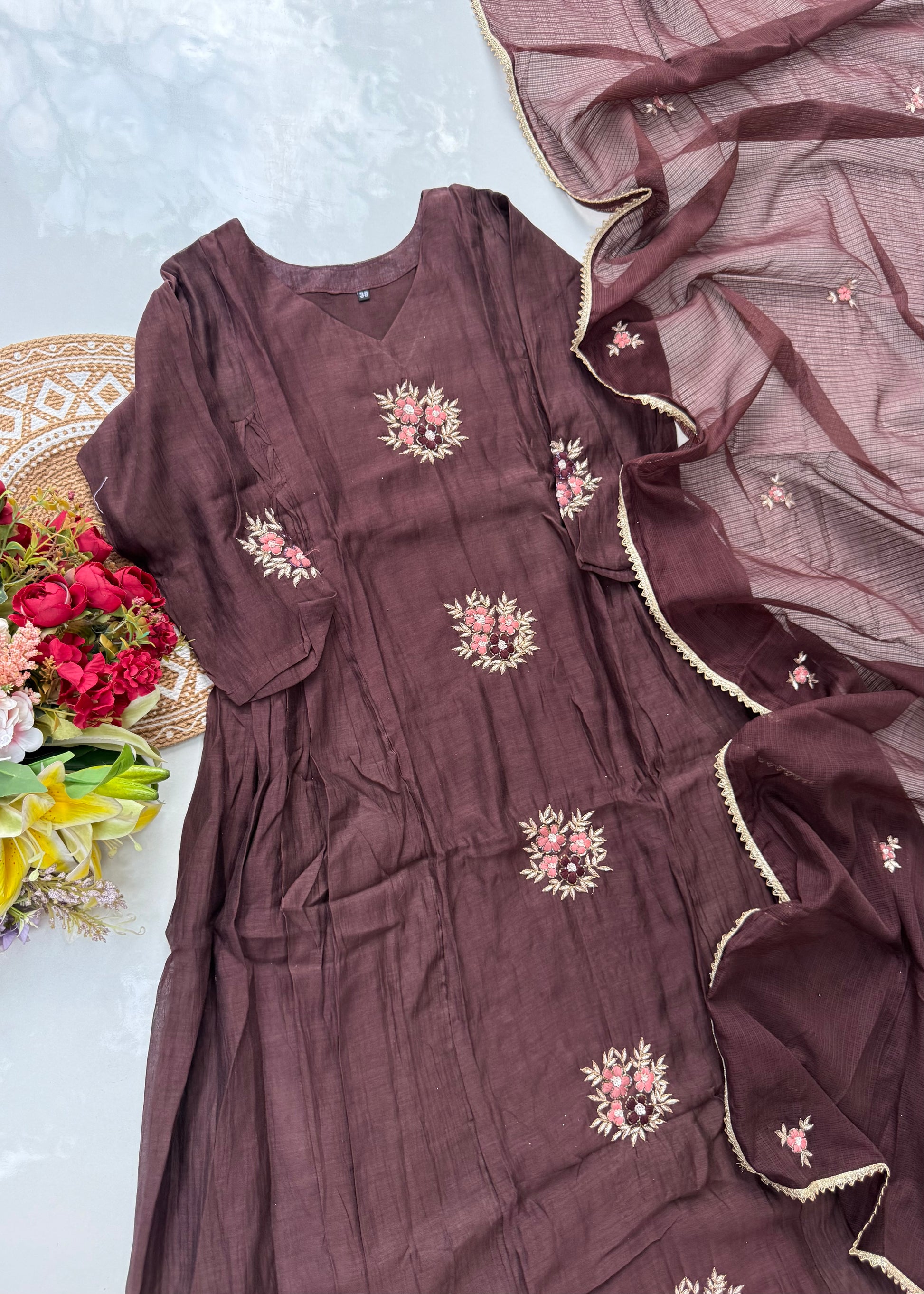 “YAHVI” Premium Rich Brown Mul Chanderi anarkali kurta set