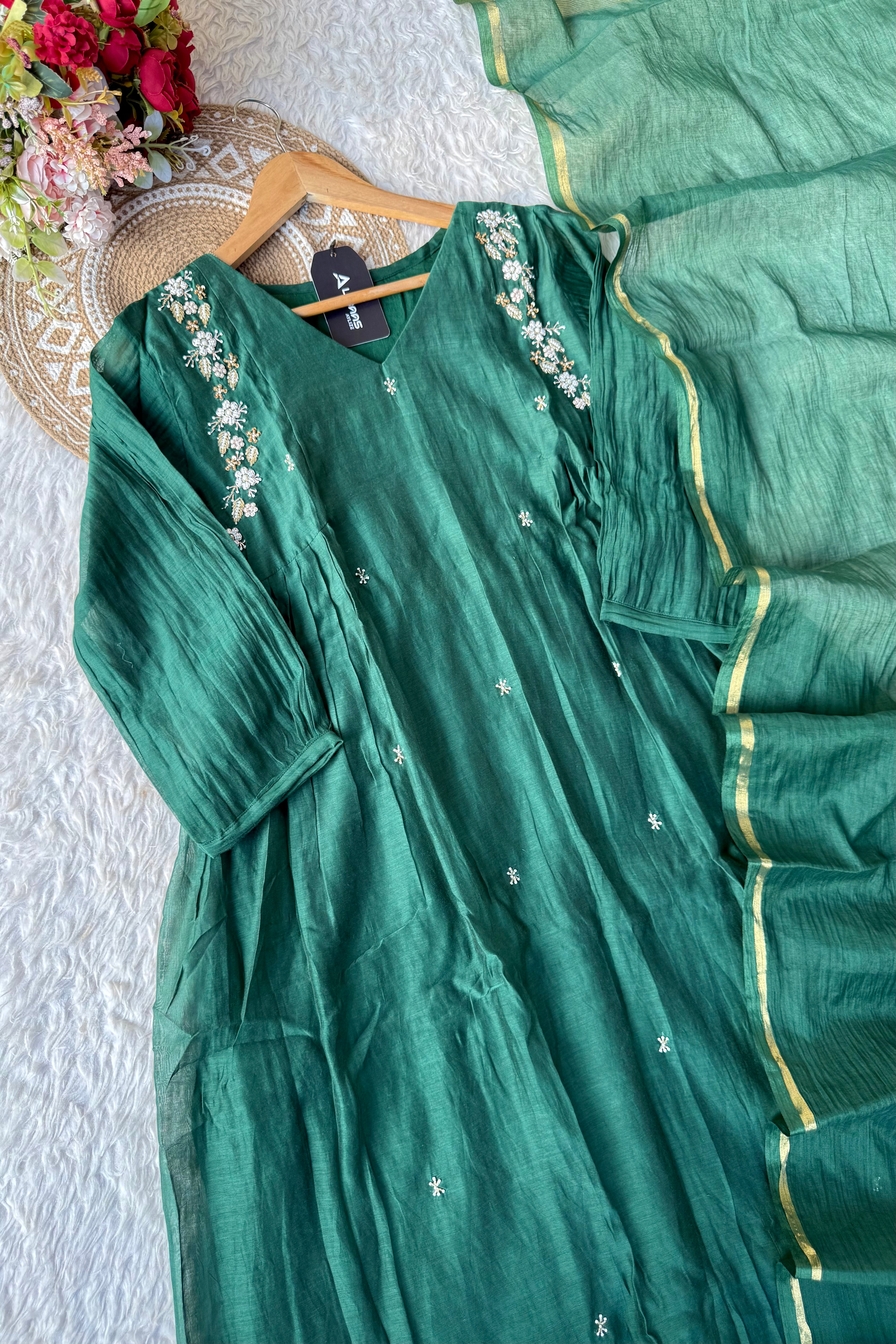 “Zayna” Pre Booking Premium Green Mul Chanderi anarkali kurta set