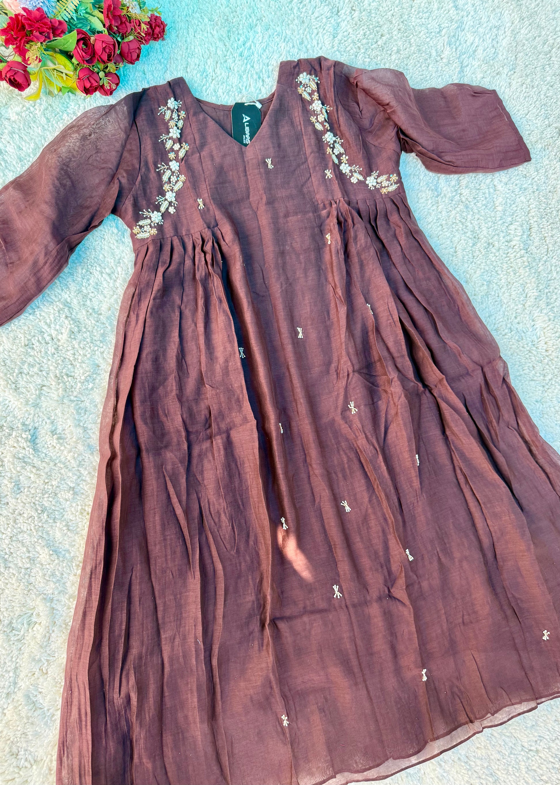 “Zayna” Premium Rich Brown Mul Chanderi anarkali kurta set