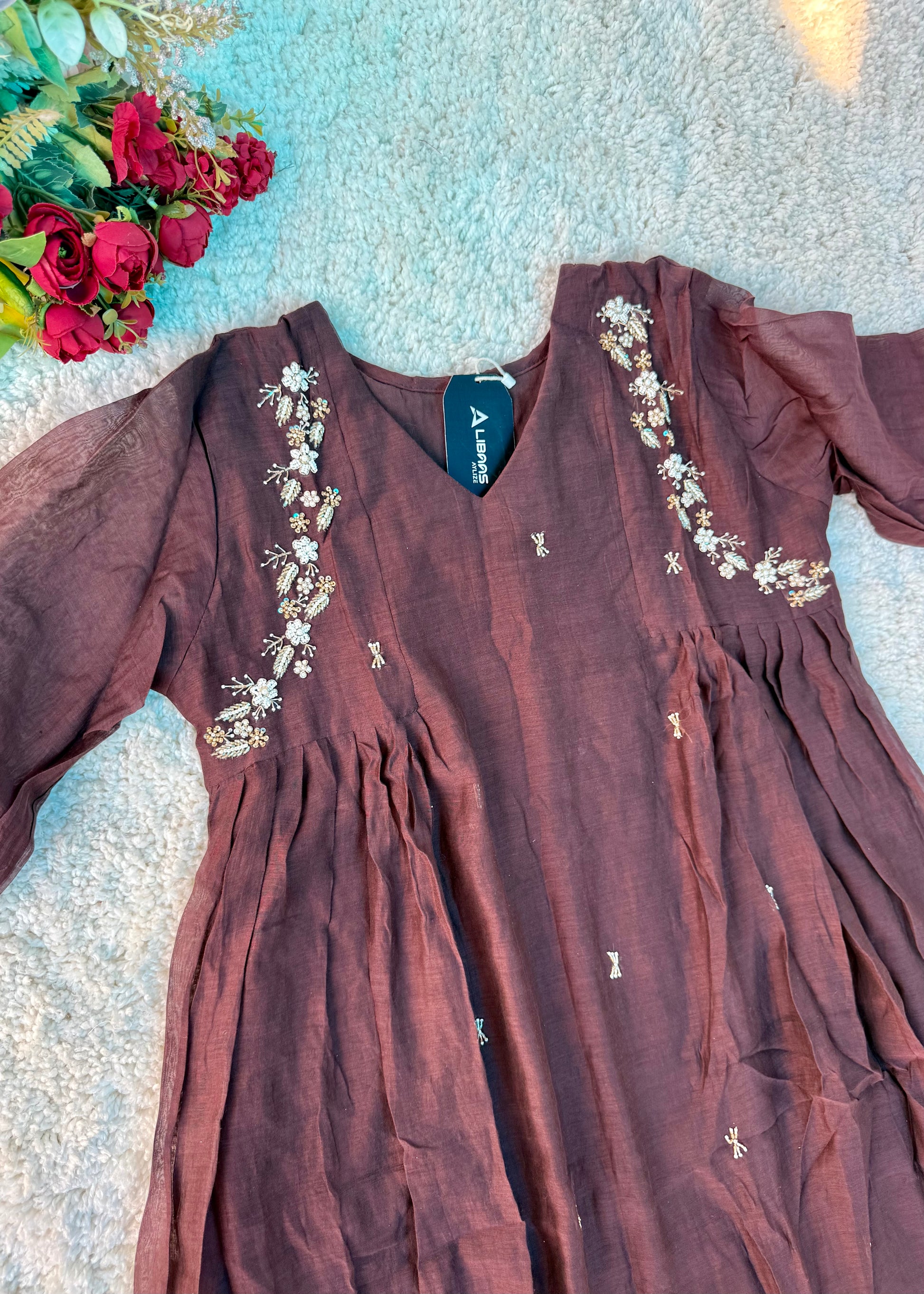 “Zayna” Premium Rich Brown Mul Chanderi anarkali kurta set