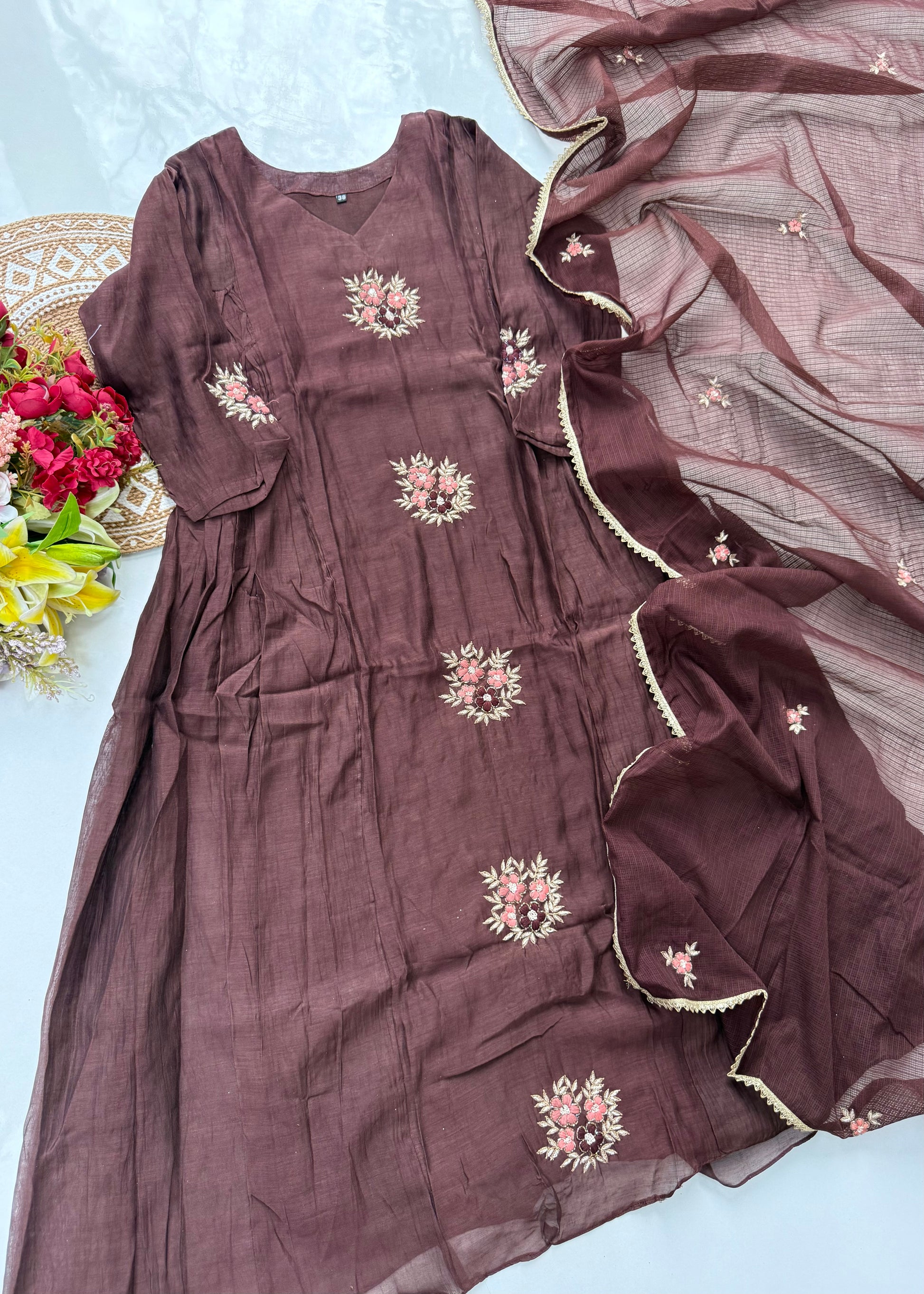“YAHVI” Premium Rich Brown Mul Chanderi anarkali kurta set